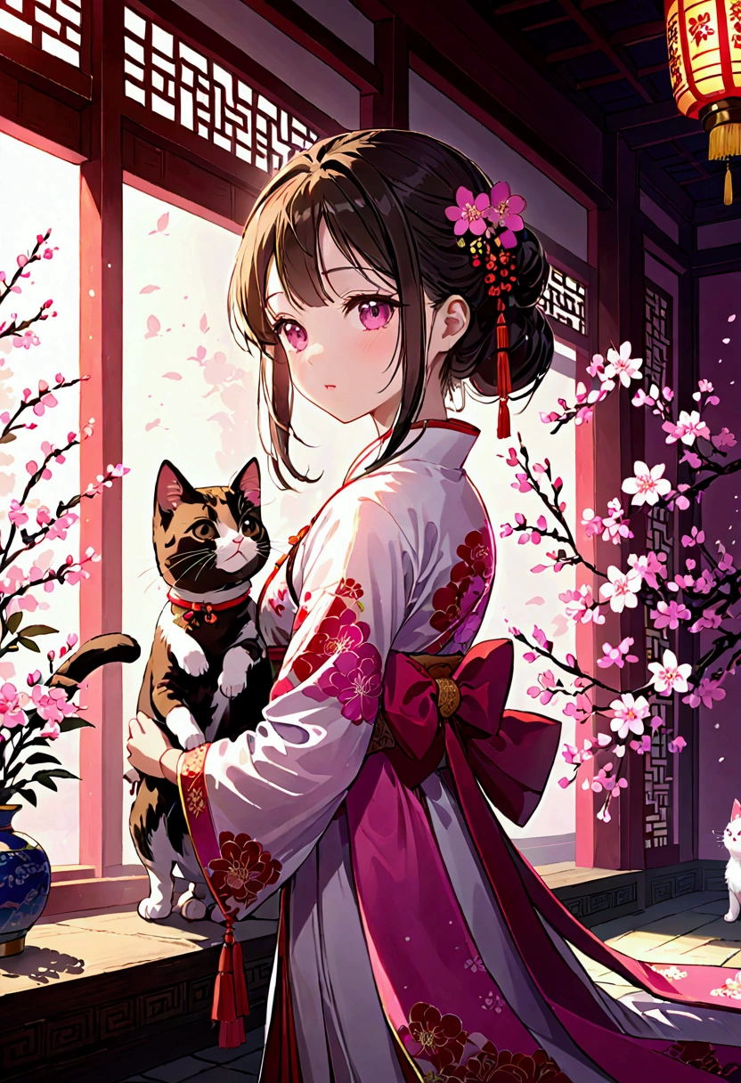 There is a cartoon girl in a dress, China dress, Hanbok apron, Chinese Costume, Chinese traditional clothing, Close-up - view, Hanbok, wearing ancient Chinese Costume, with ancient Chinese Costume, palace, Girl in Hanfu, White Hanfu, China dress, Kitten with pink flowers, Shadow Room, Light Edge, Two-tone lighting, (Skin with attention to detail: 1.2), 8kウルトラHD, Digital SLR, Soft Light, high quality, Volumetric lighting, Take a sneak peek, photograph, High resolution, 4K, 8k, Background Blur