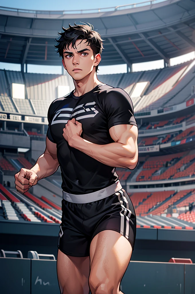 1 men, with short black hair, gray eyes, with a determined face, in loose t-shirt, on the stadium, half body, high res, ultrasharp, 8K, masterpiece,