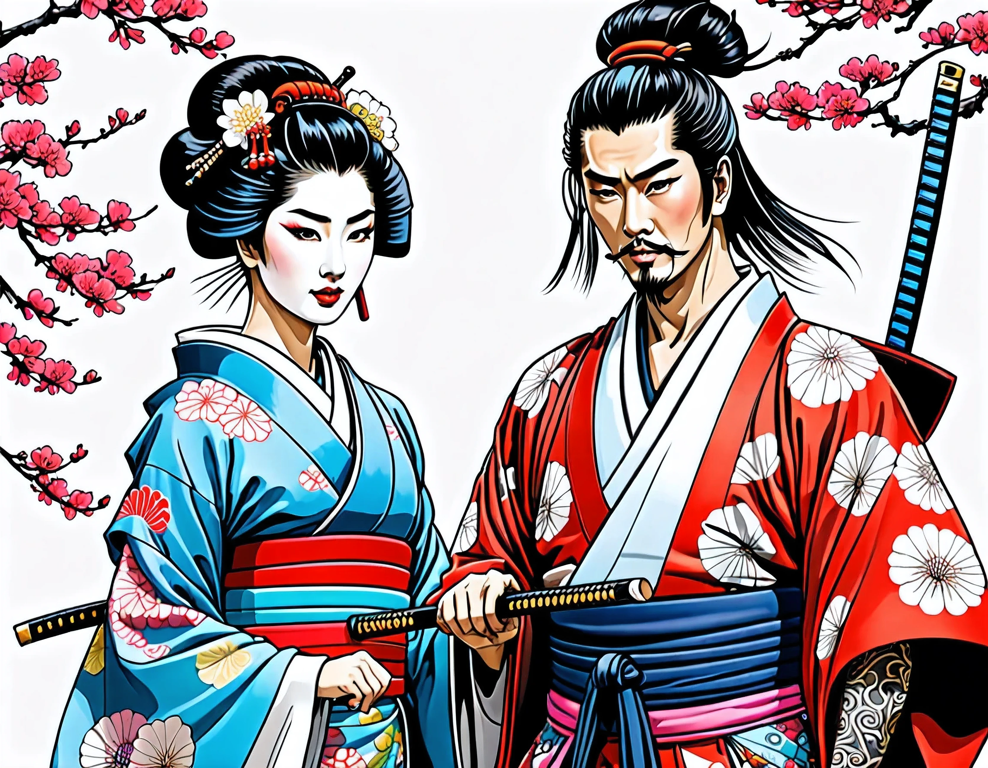 fine ink art, comic style, portrait of japan, Samurai and geisha, Japanese couple, Glamor of Osaka, beautiful line art, comic style, manga style, manga art style, pencil and ink caricature drawing, Coloring, , Other positions, fully body. Japan Fund, Samurai and geisha, couple, colourful drawing