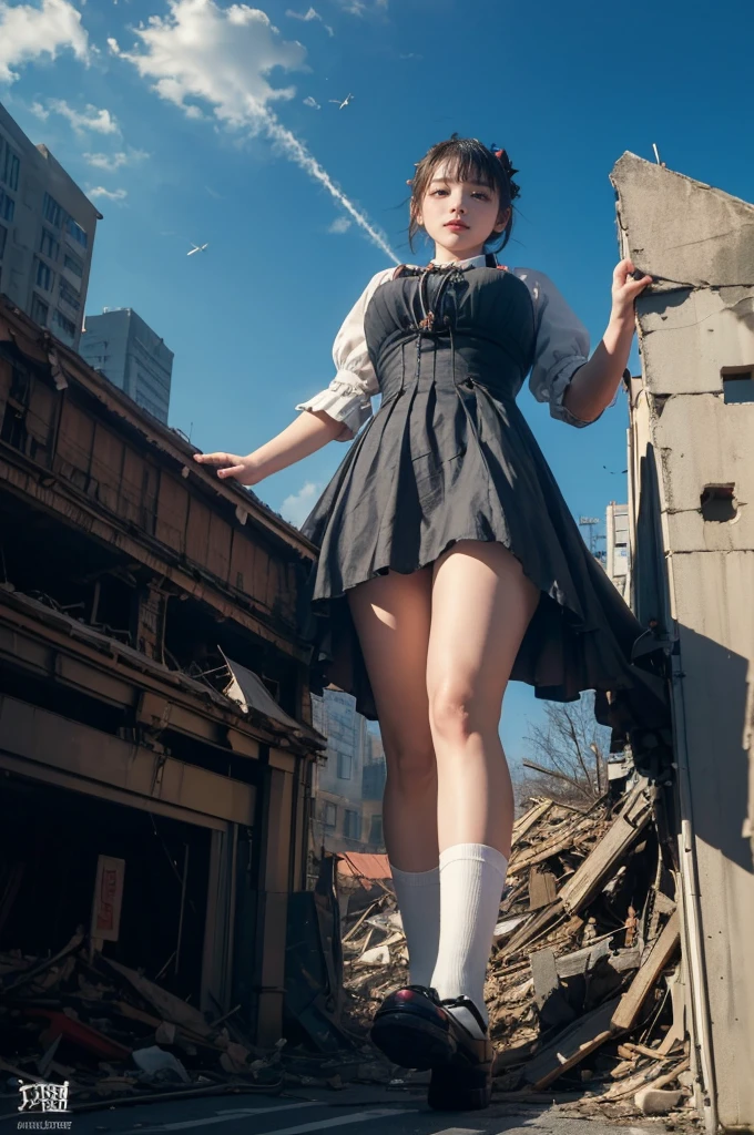 looking at the camera、(((Fisheye Lens)))、The building collapses、Urban hustle and bustle、Traffic jam、City of Rubble、street tree、high school girl、((((Azur Lane Cheshire))))、(((Maid clothes)))、(Super huge breasts)、(Plump thighs)、Ground View,City of Giants,500 foot tall giant girl,(((((超skyscraperの上に座る巨大な女の子、)))))、skyscraper,Has super long legs,Step into the crowd,There are many people on the street,((Knee-high socks))、loafers、,A happy look,Standing on the ruins,Beautiful appearance,Exquisite makeup,quality,8k,高quality,Perfect Proportions, Cinema Lighting,Film Grain,The Colors of Fuji,8k,Textured skin,Super Detail,High detail,high quality,High resolution,explode,False Smile,Show your pants