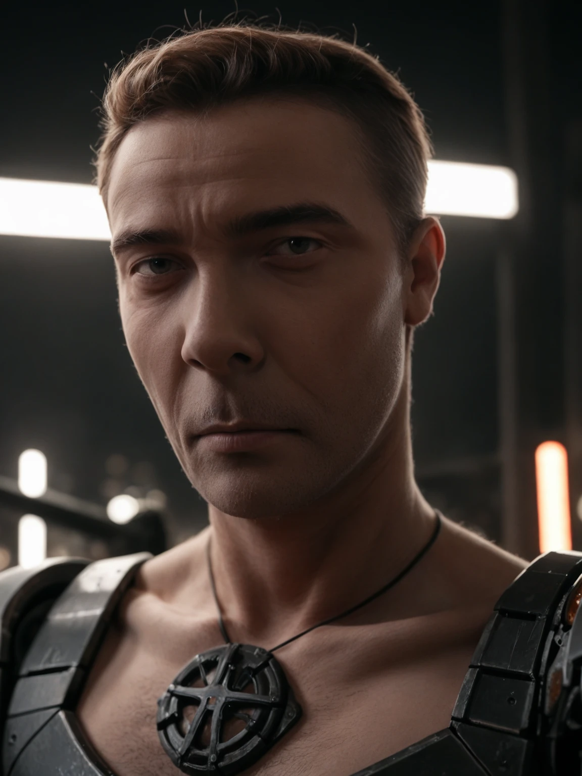 hyperrealism, photorealism, realism, masterpiece, best quality, perfect detail, perfect lighting, cyberpunk photo, realistic portrait, male cyborg, robotic face, ((half-human, robotic body, rusty body, old exoskeleton)), simple black background, darkness, depth of field , bokeh, neon lights, dull colors, muted colors, low light, film grain, analogue photography.