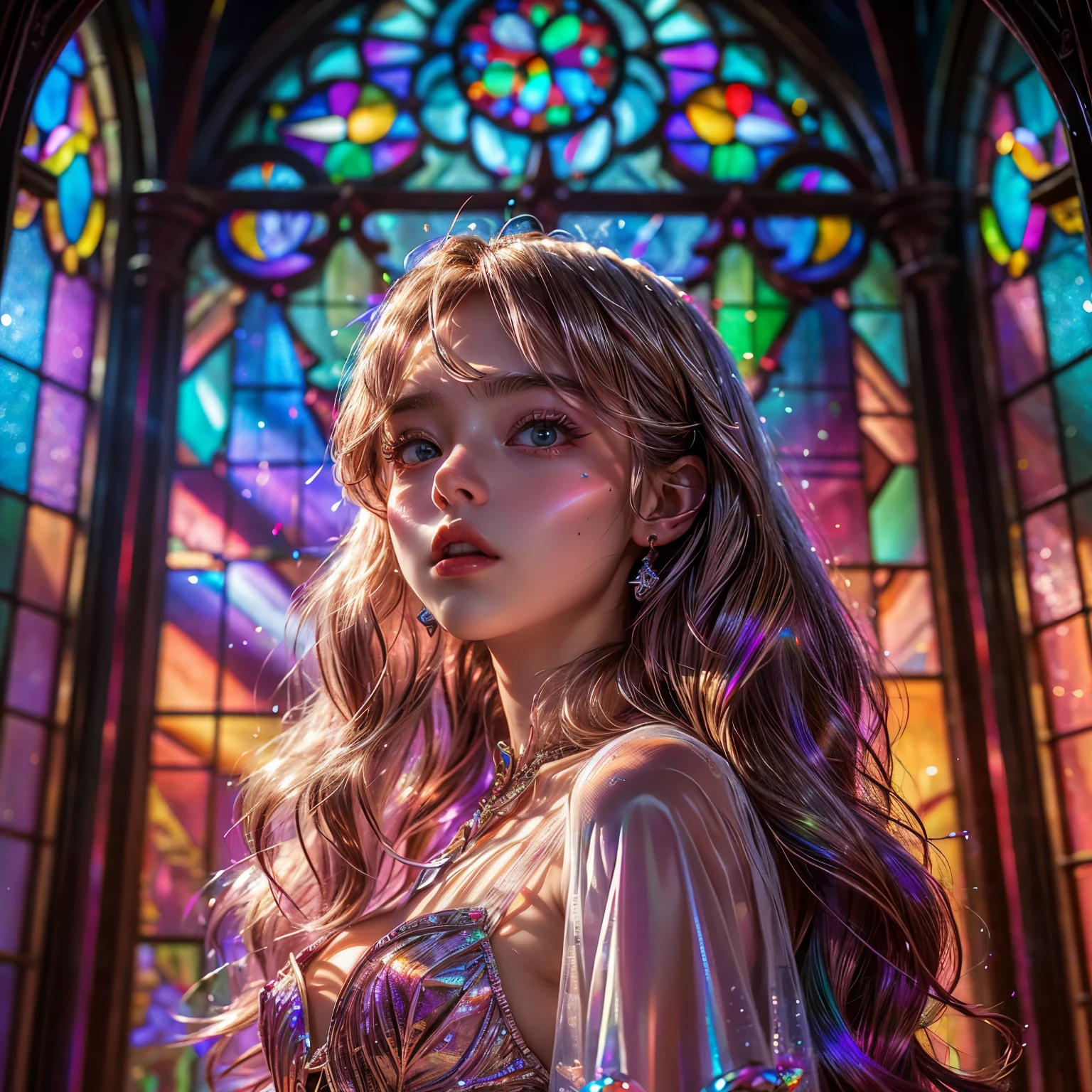 RubyRed (Cathedral from below:1.28) (ZoomLayer) TopQuality 8K masterpiece of ((Professional photo)), (((Clarisse de Cagliostro))) (Detailed White WeddingDresses), Chain, (((Extremely detailed KAWAII face))) {((VeiledFace))|BlondeHair|(Elaborate BuleEyes)with(SparklingHighlights:1.28)}, The background is distant (((Elaborate stained glass))) Rainbow Glass, {(MysticSight)|EnchantingAtmosphere|Haze|(GodRays)|TyndallEffect}, Radiant PearlSkin with Transparency, (Exposed:0.39)