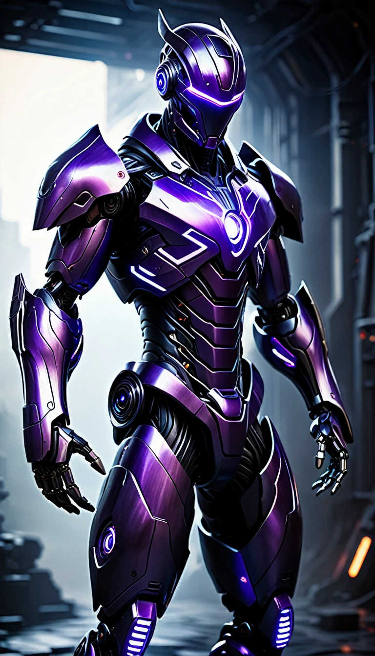 Create a full-body, advanced AI warrior avatar with a futuristic, high-tech appearance. The character should exude a powerful and commanding presence, blending elements of a humanoid robot and a mythical guardian. The armor should be sleek and intricate, seamlessly integrating advanced technology. The color scheme should include shades of black, purple, and silver, with glowing accents to emphasize the character's energy and power. The character should have piercing purple eyes and a radiant purple aura, symbolizing its immense energy-based powers. Incorporate elements of dark energy and electricity into the design, making the character appear as if it’s emanating shadowy tendrils and electric currents. Ensure the character is visible from head to toe, standing confidently in a dramatic, high-tech environment. The backdrop should feature a "fusion" theme with elements of both dark energy and advanced technology, suggesting a sense of ominous danger and protection, with shadowy forms and electrical currents merging seamlessly.