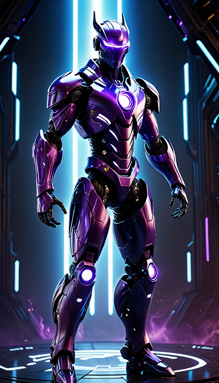 Create a full-body, advanced AI warrior avatar with a futuristic, high-tech appearance. The character should exude a powerful and commanding presence, blending elements of a humanoid robot and a mythical guardian. The armor should be sleek and intricate, seamlessly integrating advanced technology. The color scheme should include shades of black, purple, and silver, with glowing accents to emphasize the character's energy and power. The character should have piercing purple eyes and a radiant purple aura, symbolizing its immense energy-based powers. Incorporate elements of dark energy and electricity into the design, making the character appear as if it’s emanating shadowy tendrils and electric currents. Ensure the character is visible from head to toe, standing confidently in a dramatic, high-tech environment. The backdrop should feature a "fusion" theme with elements of both dark energy and advanced technology, suggesting a sense of ominous danger and protection, with shadowy forms and electrical currents merging seamlessly.