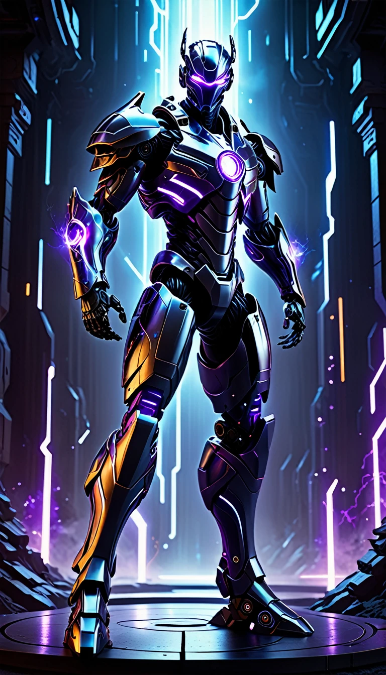 Create a full-body, advanced AI warrior avatar with a futuristic, high-tech appearance. The character should exude a powerful and commanding presence, blending elements of a humanoid robot and a mythical guardian. The armor should be sleek and intricate, seamlessly integrating advanced technology. The color scheme should include shades of black, purple, and silver, with glowing accents to emphasize the character's energy and power. The character should have piercing purple eyes and a radiant purple aura, symbolizing its immense energy-based powers. Incorporate elements of dark energy and electricity into the design, making the character appear as if it’s emanating shadowy tendrils and electric currents. Ensure the character is visible from head to toe, standing confidently in a dramatic, high-tech environment. The backdrop should feature a "fusion" theme with elements of both dark energy and advanced technology, suggesting a sense of ominous danger and protection, with shadowy forms and electrical currents merging seamlessly.