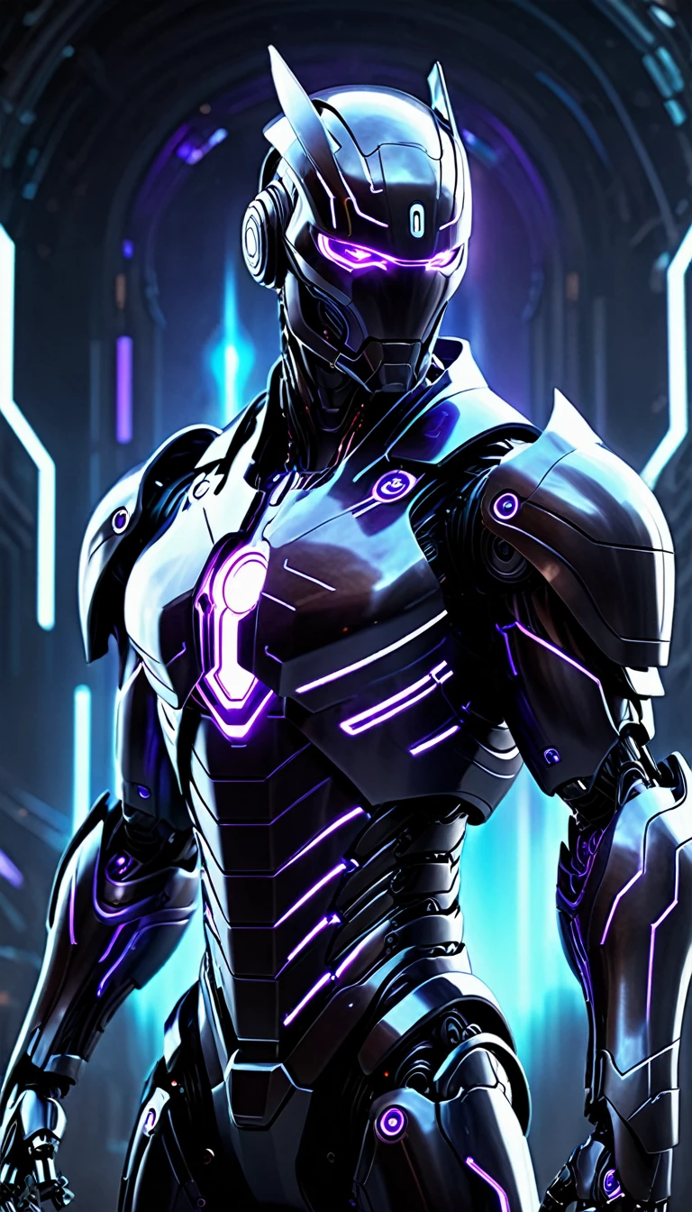 Create a full-body, advanced AI warrior avatar with a futuristic, high-tech appearance. The character should exude a powerful and commanding presence, blending elements of a humanoid robot and a mythical guardian. The armor should be sleek and intricate, seamlessly integrating advanced technology. The color scheme should include shades of black, purple, and silver, with glowing accents to emphasize the character's energy and power. The character should have piercing purple eyes and a radiant purple aura, symbolizing its immense energy-based powers. Incorporate elements of dark energy and electricity into the design, making the character appear as if it’s emanating shadowy tendrils and electric currents. Ensure the character is visible from head to toe, standing confidently in a dramatic, high-tech environment. The backdrop should feature a "fusion" theme with elements of both dark energy and advanced technology, suggesting a sense of ominous danger and protection, with shadowy forms and electrical currents merging seamlessly.