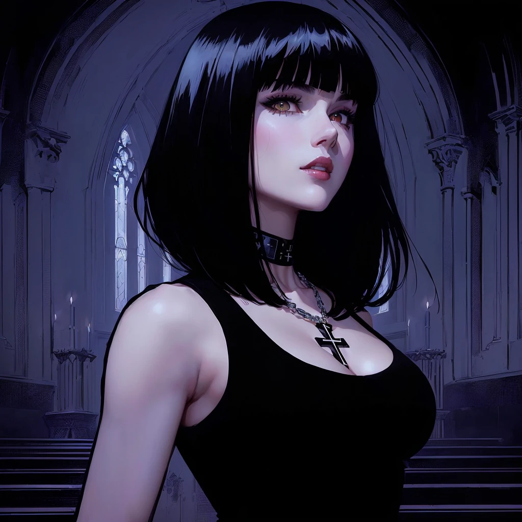 a close-up of a woman with a cross on her chest, big boobies, She has black hair with bangs, Adam Hughes, behind her a white color, gothic maiden anime girl, gothic woman, 1 7 -  - old me Gothic girl, Chris Bachalo, style of charlie bowater, raven black hair, kate bishop, Beautiful vampire, Gothic girl face