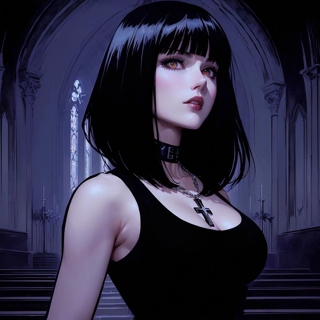 a close-up of a woman with a cross on her chest, big boobies, She has black hair with bangs, Adam Hughes, behind her a white color, gothic maiden anime girl, gothic woman, 1 7 - year - old anime Gothic girl, Chris Bachalo, style of charlie bowater, raven black hair, kate bishop, Beautiful vampire, Gothic girl face