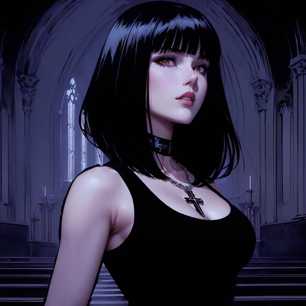 a close-up of a woman with a cross on her chest, big boobies, She has black hair with bangs, Adam Hughes, behind her a white color, gothic maiden anime girl, gothic woman, 1 7 - year - old anime Gothic girl, Chris Bachalo, style of charlie bowater, raven black hair, kate bishop, Beautiful vampire, Gothic girl face