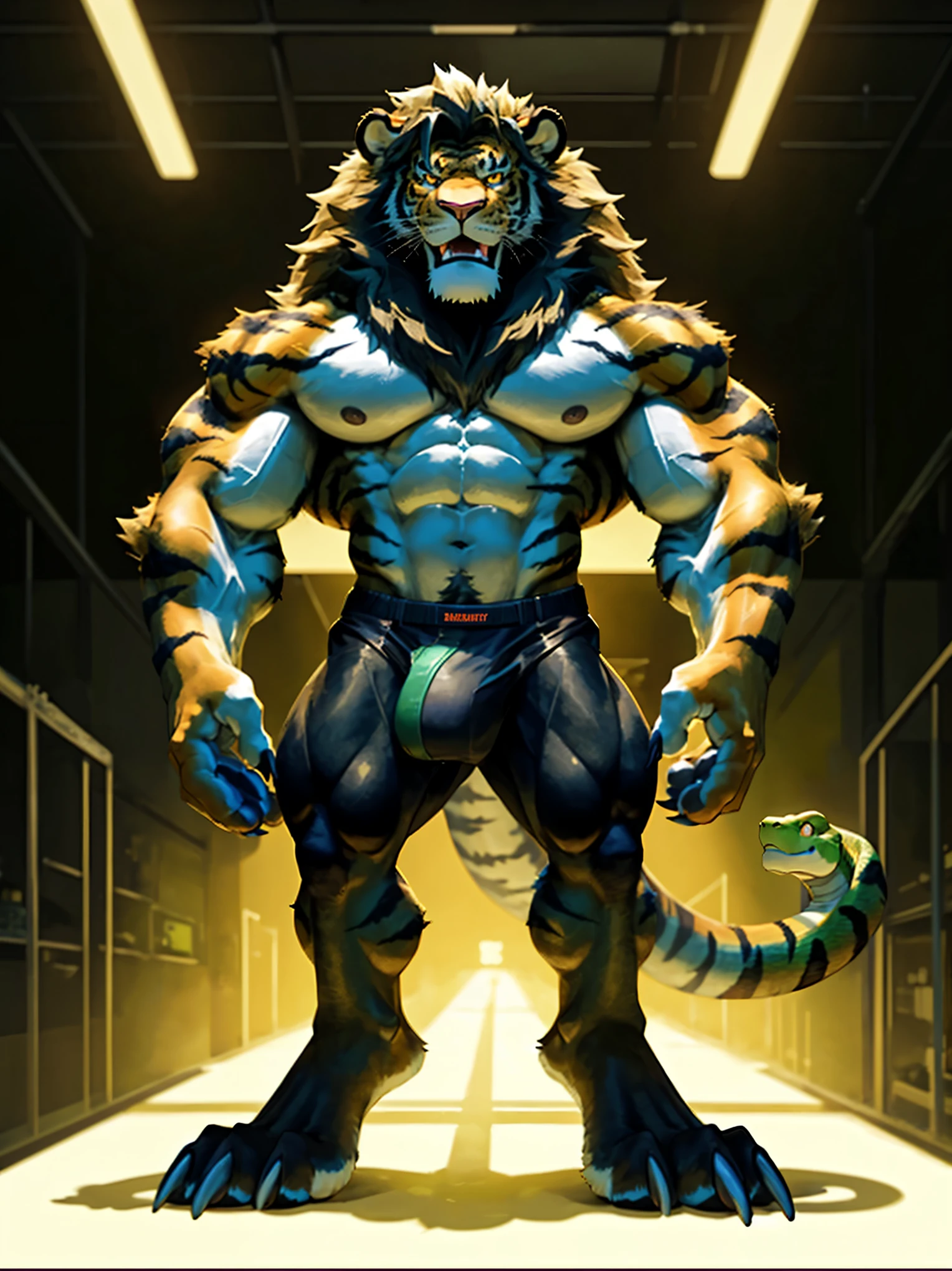 Chimera、Completely naked、A composition that captures the whole body、Black Legs、Black hairy legs、Very large black underwear、Green snake tail、緑色のSnake's head、Snake's head、Tiger Arm、Black wolf-like body、Snake's head、the mane of a lion、Black wolf body、Tiger-like pattern、Angry lion face、Tiger arm、Tail scales、Very huge muscles、Very beautiful abs、paw pads on soles of feet、sharp claws on feet、White teeth、Golden Eyes、Night Factory Background、Composition looking up from below