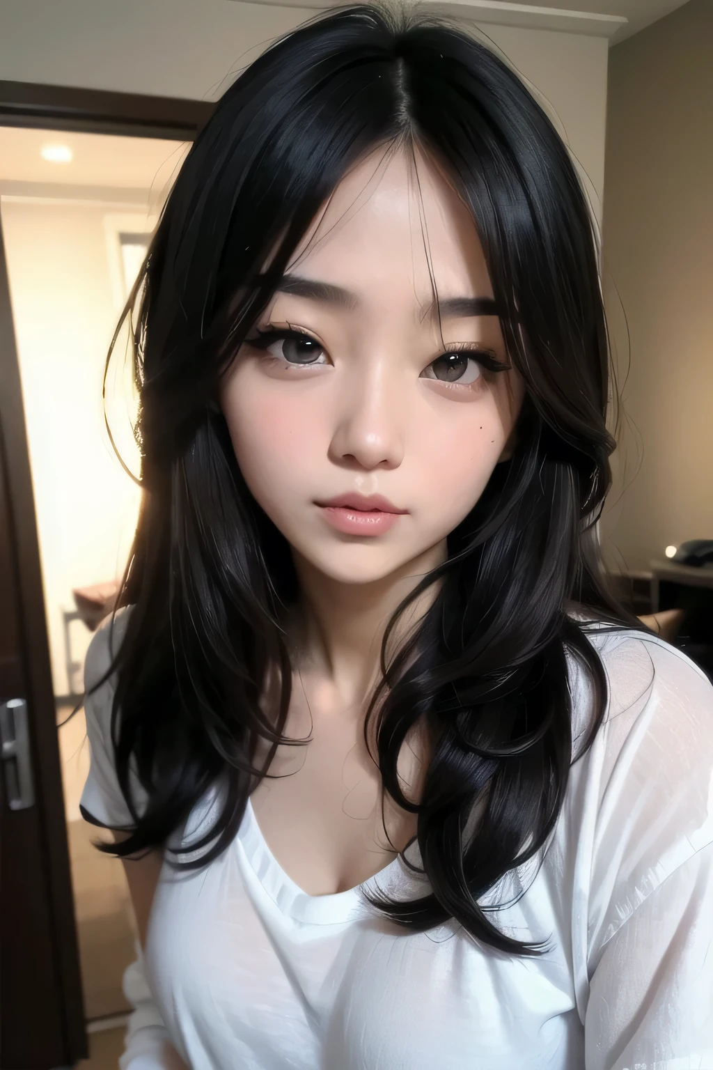 Sexy and cute woman, black brown hair, long hair, straight hair, weak eyes, blushing intensely, lips parted, ready to kiss, long oversized white shirt