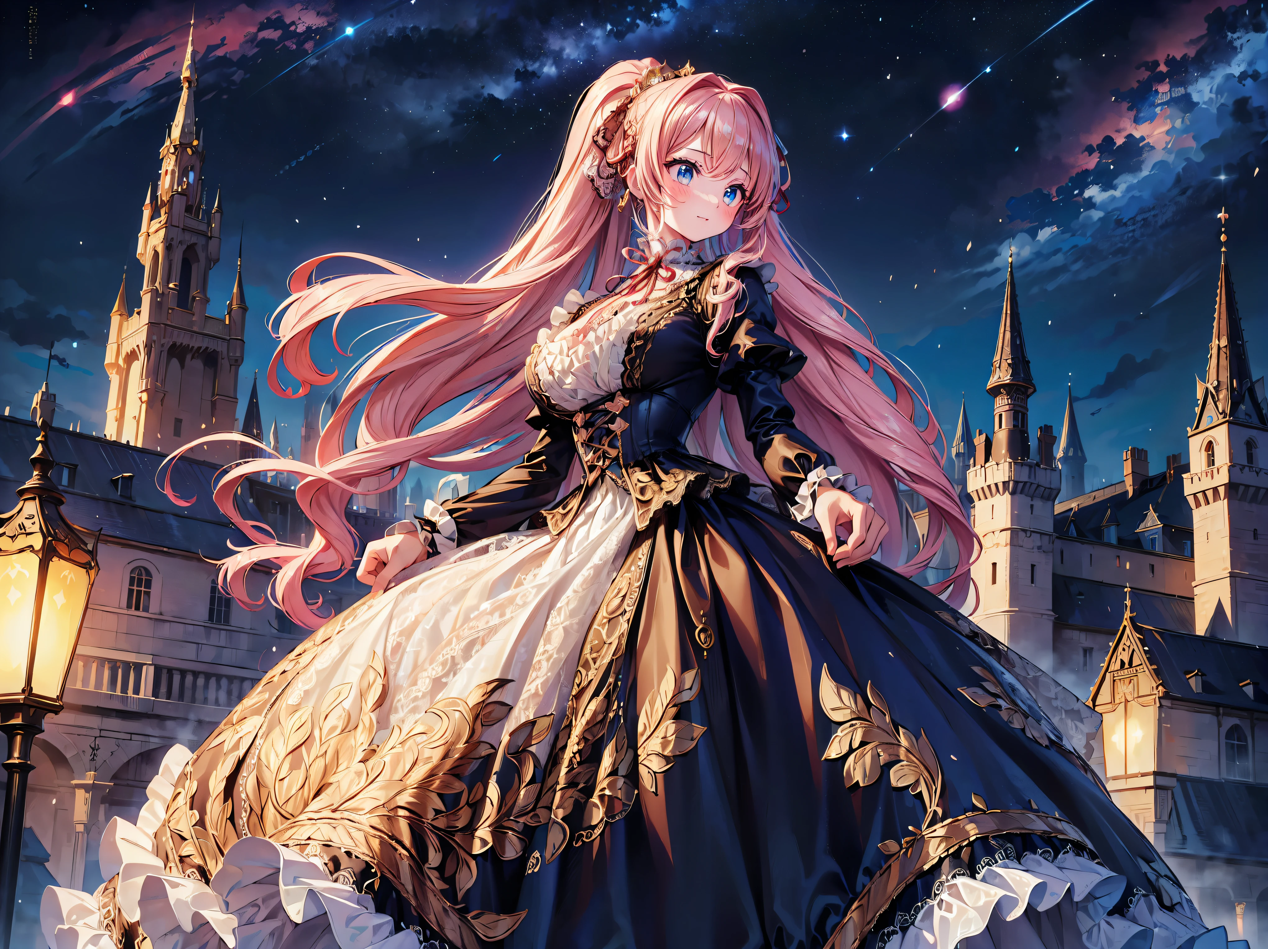 ((Superbly detailed drawing, ultra detailed, exquisite quality, absolutely resolution)), (((young face solo princess))), (((Unsurpassed gorgeous rococo victorian gown with voluminous huge hoopskirt and long hems, princess style skirt:1.5))), ((transparency gown, fluffy and full of pleats skirt:1.3)), (Super detailed and intricate exquisite design gown:1.5), ((overwhelming amount many ruffles with ribbons with intricate lace with Super detailed and intricate embroidery gown:1.9)), ((huge breasts, breasts cleavage)), (ponytail, fluffy long Expressive, hair pink hair), super voluminous long hair, hair ornament tiara, happy smile, (((curtsey:2))), (blurry background, depth of field:1.35), super detailed skin, super delicate and beautiful face, (eyes blue eyes), (backlighting, particle effect, caustics), (((sharp focus))), ((fantasy castle, night sky)), (magnificent panorama view, dynamic angle:1.3),