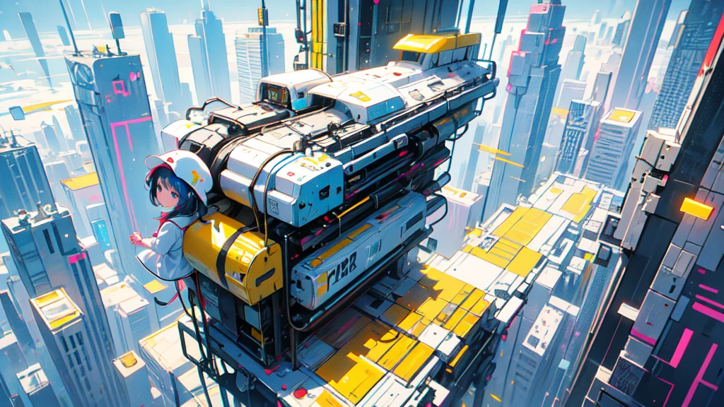 akira toriyama style、"cute, beautiful, Adorable girl in white clothes, yellow, Baby blue color scheme, Fashionable hats, rock, beautiful見た目, Floating in the sky, Fantastic depiction, Floating in the air, Uplifting, Speed, Machine City, cyber punk, Back view, back, back, Anime Style, Delicate depiction, Ultra delicate, shot from behind