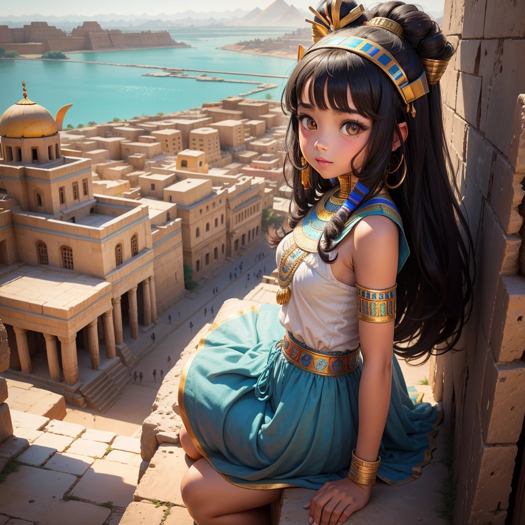 Cute Ancient Egyptian Girl、A hill overlooking the colorful temples of ancient Egypt、A colorful view of the whole city