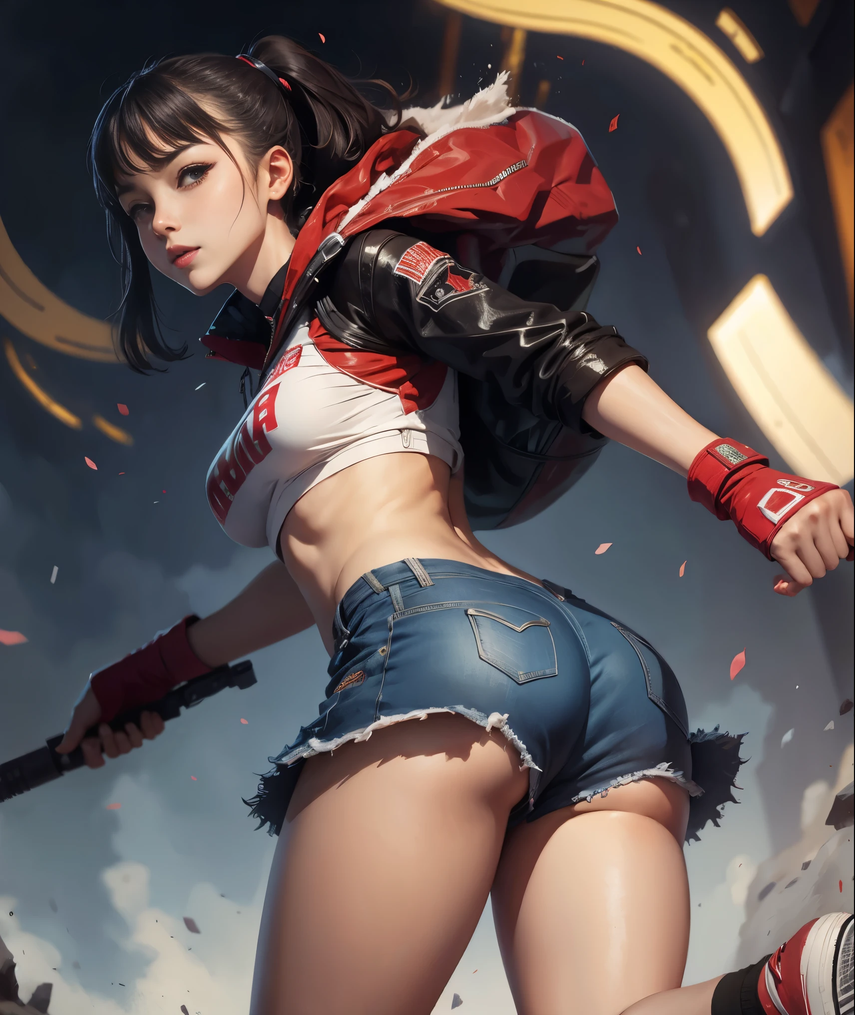 (masterpiece), (best quality), (super detailed), (high resolution 8K), fighting aliens, combat uniform, holding strong weapon, beautiful watercolor, cute girl, late teens, wearing sneakers, red sneakers, long shot, low angle, ((attractive ass)), lightly dressed, perfect thighs, beautiful skin, smiling, stunning face, clear eyes, detailed eyes and face --style raw --stylize 750 --niji 6
