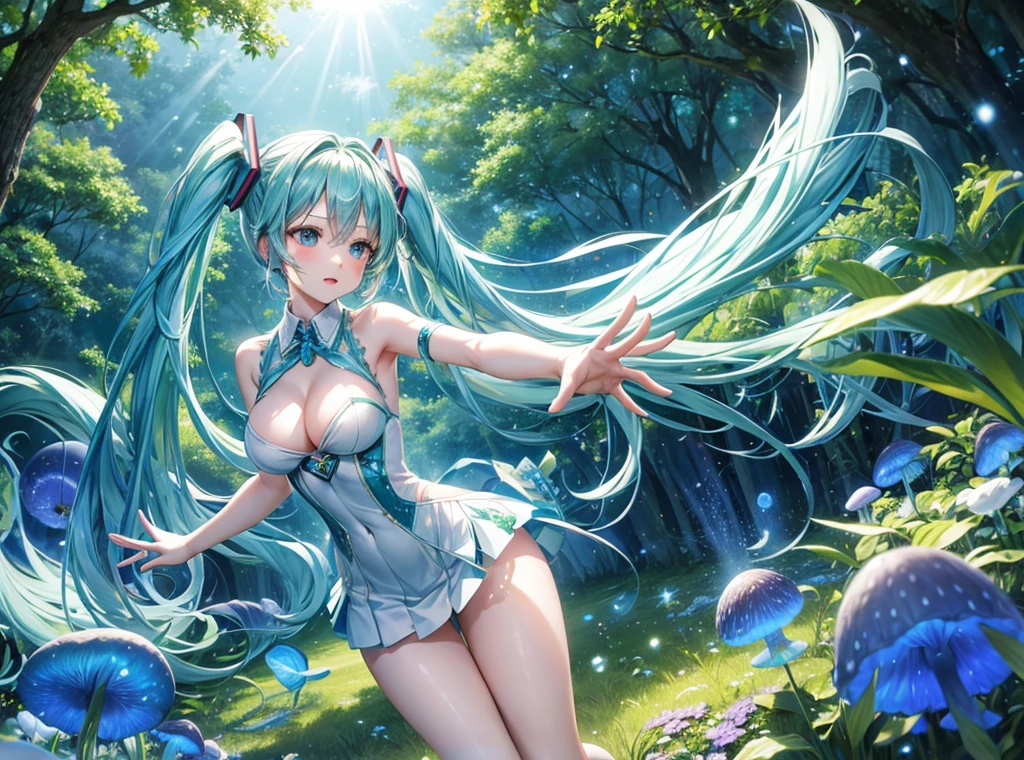 Full body description、Fantastic depiction、Hatsune Miku singing in a shining blue and green forest、The background is dotted with glowing mushrooms and glowing plants.、Soap bubbles are flying around Hatsune Miku、The costumes are designed with forest elements、The ground is accented with leaves and flowers.、The sunlight from the sky shines on her like a spotlight。Wearing a light blue dress、Anatomically correct body、((Large Breasts))、long slender legs、White skin、Hatsune Miku is reaching out to a little fairy flying in front of her、