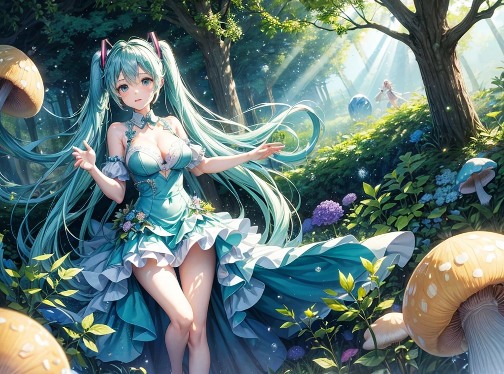 Full body description、Fantastic depiction、Hatsune Miku singing in a shining blue and green forest、The background is dotted with glowing mushrooms and glowing plants.、Soap bubbles are flying around Hatsune Miku、The costumes are designed with forest elements、The ground is accented with leaves and flowers.、The sunlight from the sky shines on her like a spotlight。Wearing a light blue dress、Anatomically correct body、((Large Breasts))、long slender legs、White skin、Hatsune Miku is reaching out to a little fairy flying in front of her、