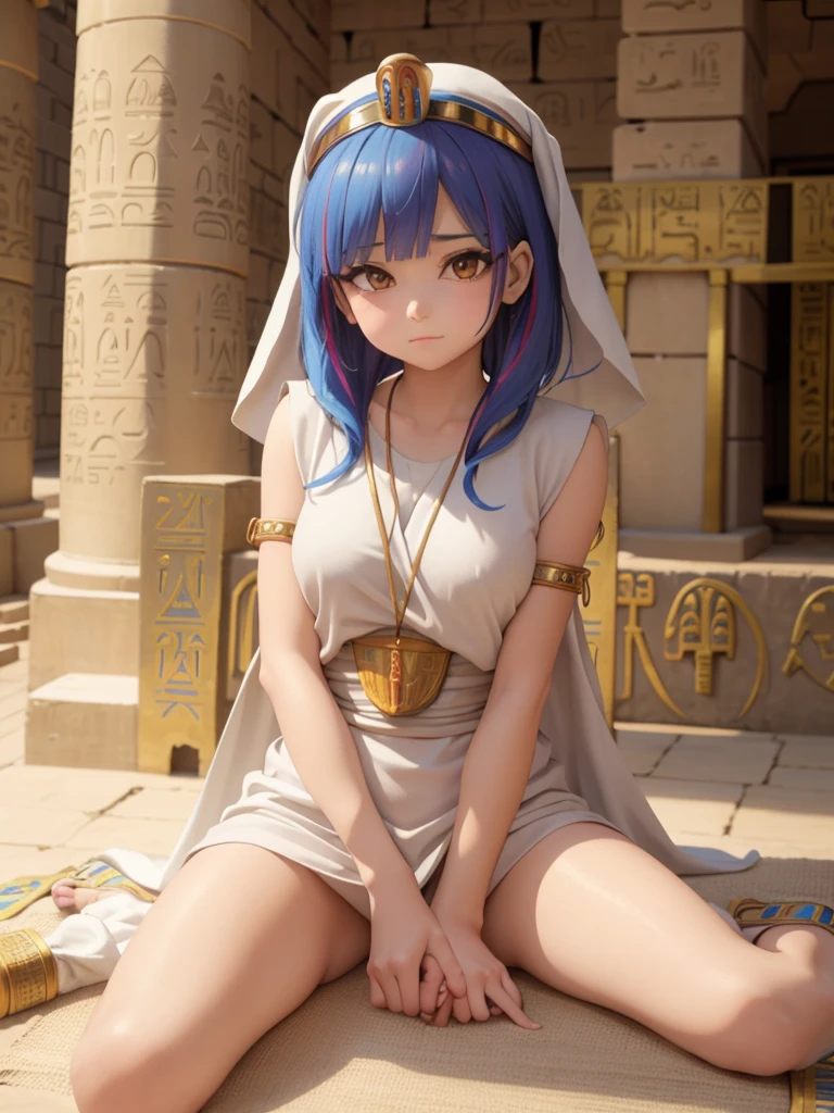 Cute ancient Egyptian princess、Colorful temples of ancient Egypt、The colorful streets of ancient Egypt、artistic、detailed、Colorful linen clothes、How to sit、front、Spread your legs
