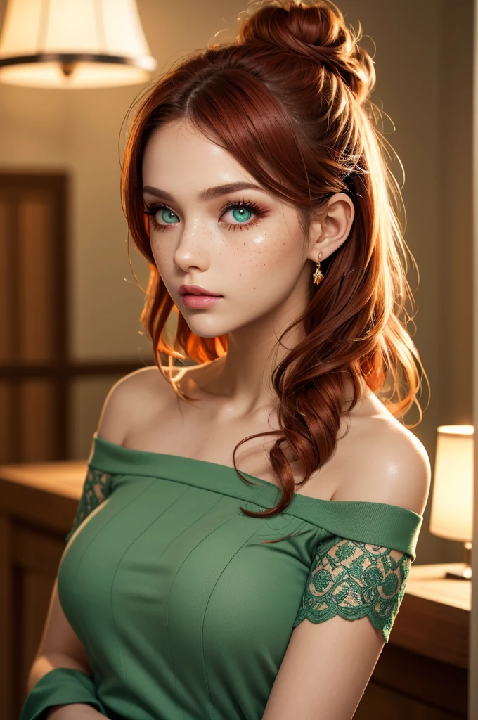 (best quality, 4k, highres, highres face details), Irish girl aged 16 yrs old, 1girl, solo, red hair, long curly hair, parted bangs, messy bun, green eyes, constricted pupils, slim build, (textured skin, skin pores:1.1), large breasts, pale skin, colorful makeup, light freckles, perfect nose, thin lips, fake lashes, pretty face, cute face, wearing an off the shoulder green blouse, cinematic lighting, Ultra-Wide Angle, Canon, Hyperrealism, UHD, masterpiece, textured skin, realistic water texture, high details, best quality, detailed eyes, detailed iris, whole body photo, posing for the camera