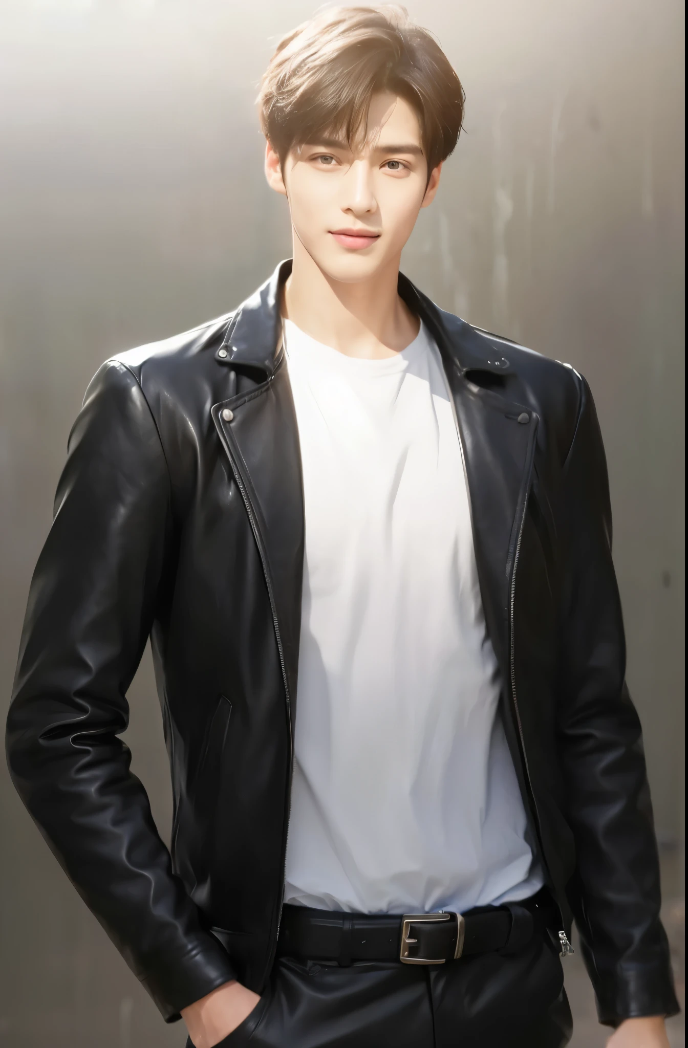 at office,wearing black leather jacket,two block haircut, Attractive man,Live-action photo,Handsome and sunny,(SLR effect,Reality,8K,Hyper-detailing,Absolute realism)