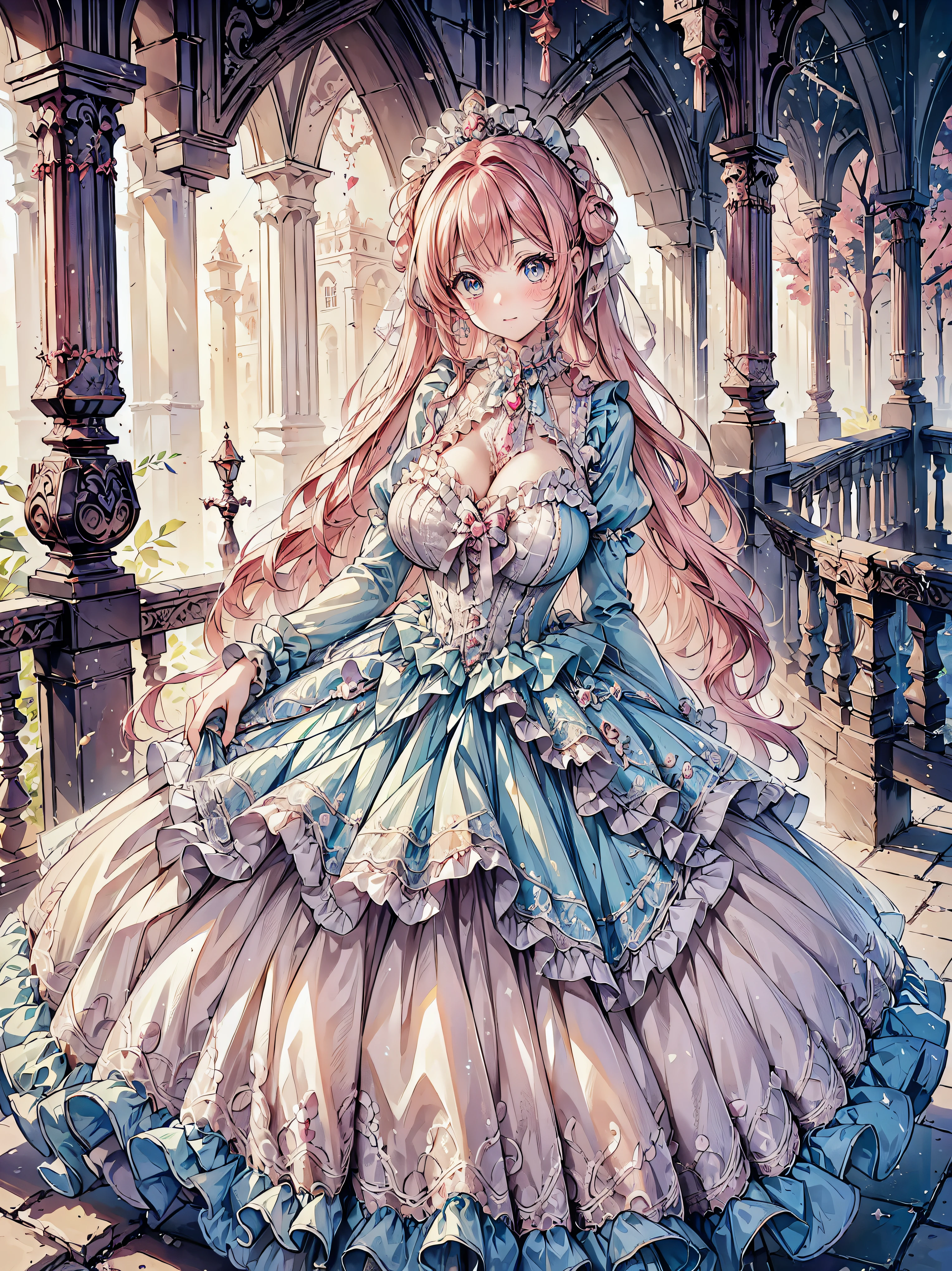 ((Superbly detailed drawing, ultra detailed, exquisite quality, absolutely resolution)), (((young face solo princess))), (((Unsurpassed gorgeous rococo victorian gown with voluminous huge hoopskirt and long hems, princess style skirt:1.5))), ((transparency gown, fluffy and full of pleats skirt:1.3)), (Super detailed and intricate exquisite design gown:1.5), ((overwhelming amount many ruffles with ribbons with intricate lace with Super detailed and intricate embroidery gown:1.9)), ((huge breasts, breasts cleavage)), (ponytail, fluffy long Expressive, hair pink hair), super voluminous long hair, hair ornament tiara, happy smile, (((curtsey:2))), (blurry background, depth of field:1.35), super detailed skin, super delicate and beautiful face, (eyes blue eyes), (backlighting, particle effect, caustics), (((sharp focus))), ((fantasy castle, night sky)), (magnificent panorama view, dynamic angle:1.3), 