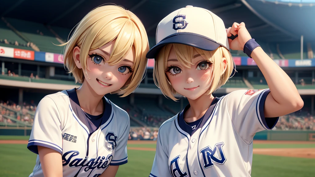 Two female baseball players are playing baseball at Koshien Stadium。Blonde Short Hair。smile、front。hanshin uniform
