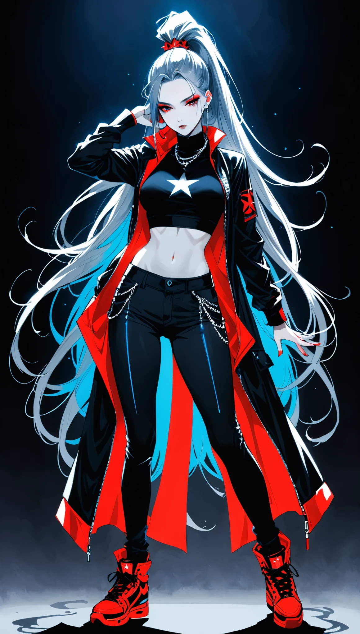 (in style of Harry Clarke:0.4),in style of Santiago Caruso,in style of Mike Azevedo,1girl,Sexy hip-hop style clothing,Dynamic poses,Hip-hop pose,superstar,High Ponytail,Unbelievably long hair,red,Blue,dark gray,Self-luminous,A dominant high-contrast proposition