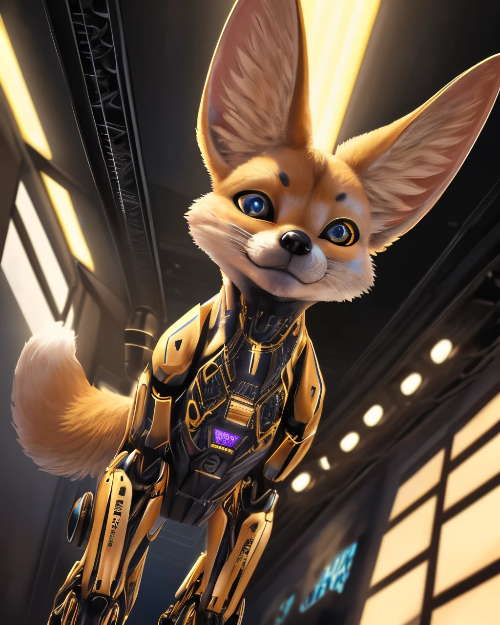 a fennec fox robot, ((feral)),fullbody,highly detailed, hyper realistic, photorealistic, intricate mechanical details, shiny metallic finish, detailed eyes, looking directly at the viewer, masterpiece, 8k, ultra-detailed, sharp focus, physically-based rendering, vivid colors, studio lighting
