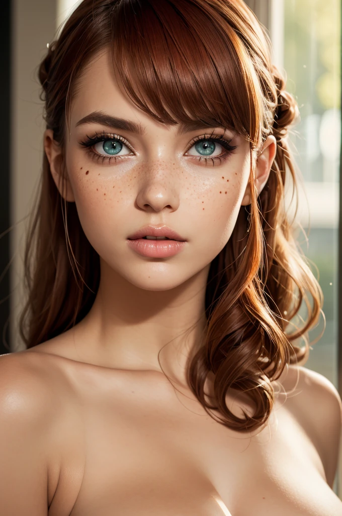 (best quality, 4k, highres, highres face details), Irish girl aged 16 yrs old, 1girl, solo, red hair, long curly hair, parted bangs, messy bun, green eyes, constricted pupils, slim build, (textured skin, skin pores:1.1), large breasts, pale skin, colorful makeup, light freckles, perfect nose, thin lips, fake lashes, pretty face, cute face, naked, cinematic lighting, Ultra-Wide Angle, Canon, Hyperrealism, UHD, masterpiece, textured skin, realistic water texture, high details, best quality, detailed eyes, detailed iris, whole body photo, posing for the camera