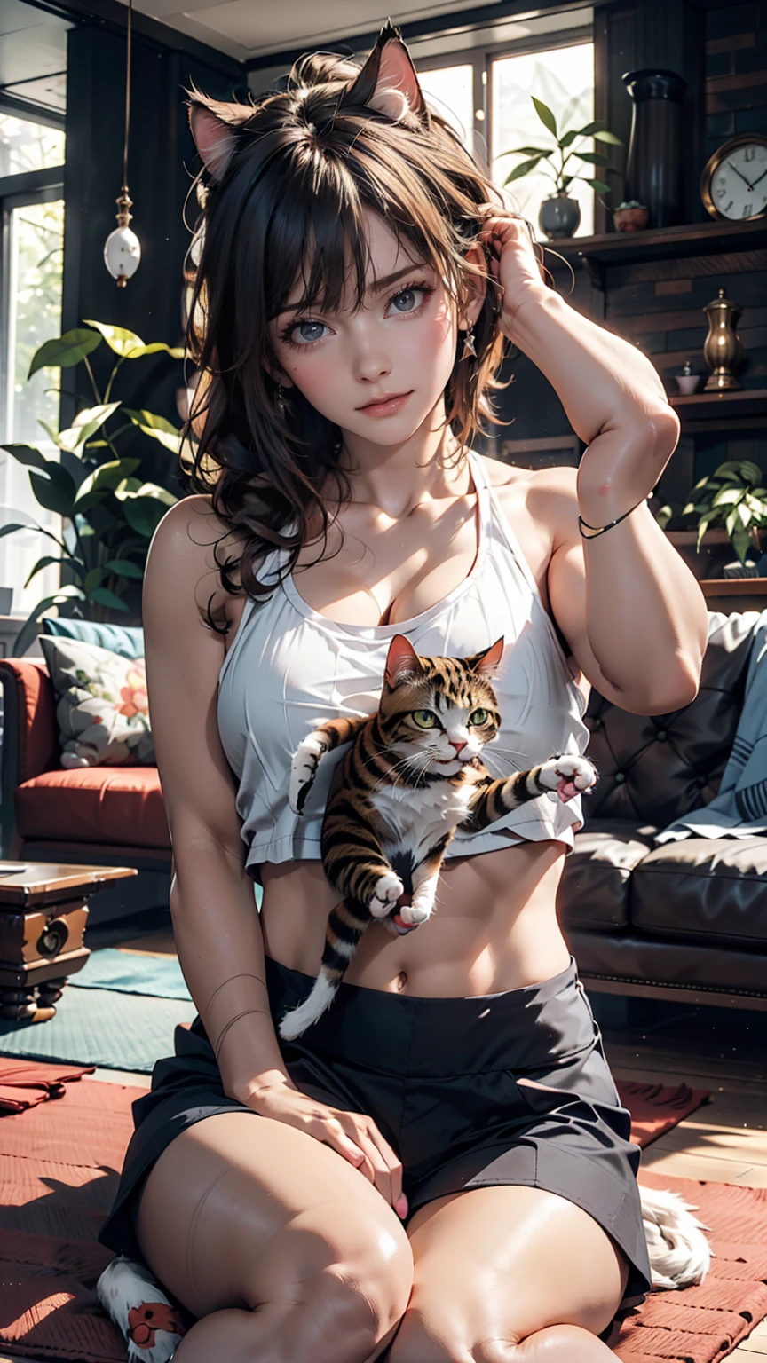 Woman and cat stretching on yoga mat in living room。Woman doing yoga pose、The cat is stretching out and relaxing on the edge of the mat.。There are ornamental plants around。