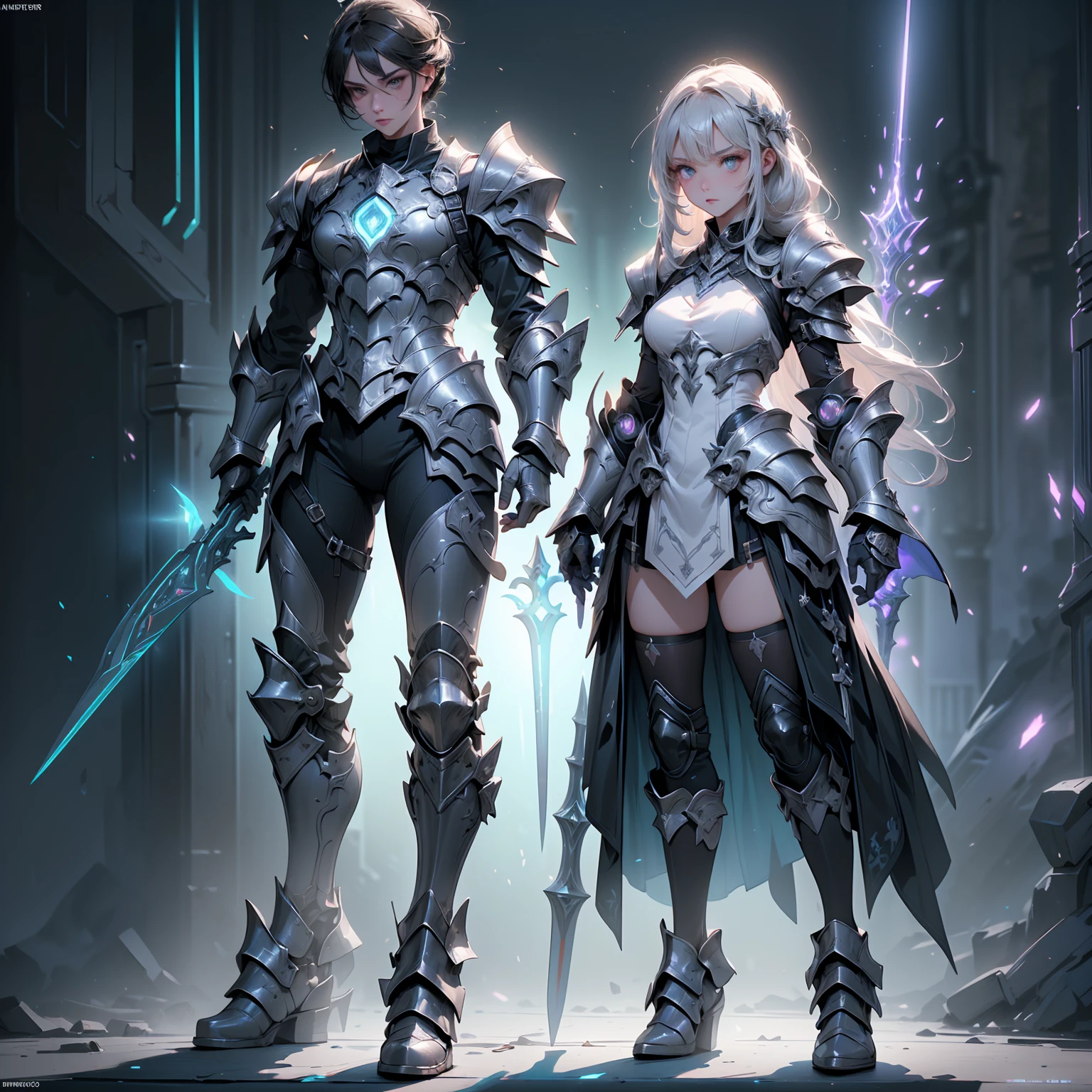 Design a layout showcase Gaming character, (1girl). Black+Silver armor, sleek and high tech, ((showcase weapon:1.4)), laser gun, (masterpiece:1.2), (best quality), 4k, ultra-detailed, (Step by step design, layout art:1.5), (neon lighting, cyber ambiance), cyberpunk, ((tech gloves)), (((revealing armor:1.3))), tech armor, combat boots, (((full_body_shot:1.4)))