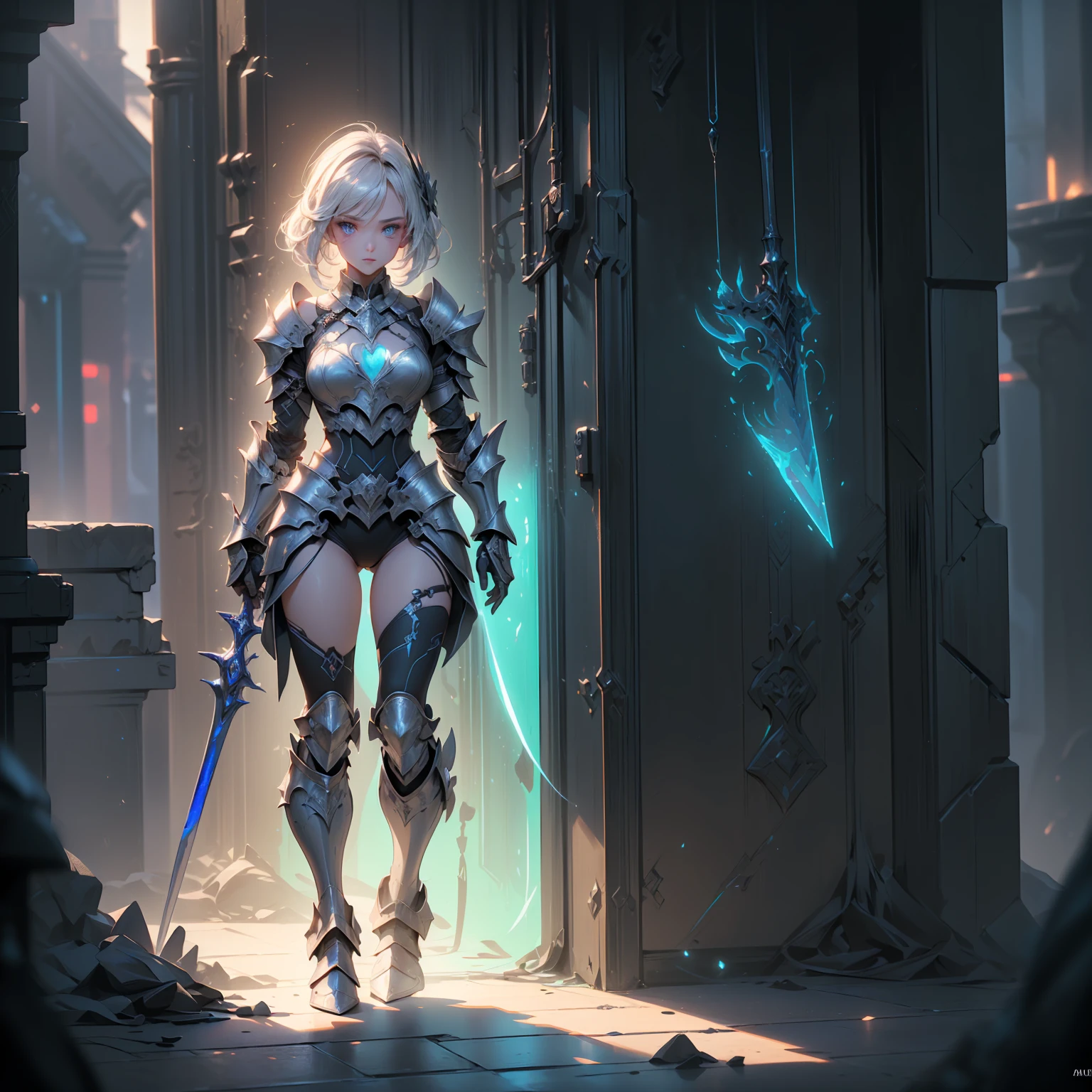 Design a layout showcase Gaming character, (1girl). Black+Silver armor, sleek and high tech, ((showcase weapon:1.4)), laser gun, (masterpiece:1.2), (best quality), 4k, ultra-detailed, (Step by step design, layout art:1.5), (neon lighting, cyber ambiance), cyberpunk, ((tech gloves)), (((revealing armor:1.3))), tech armor, combat boots, (((full_body_shot:1.4)))