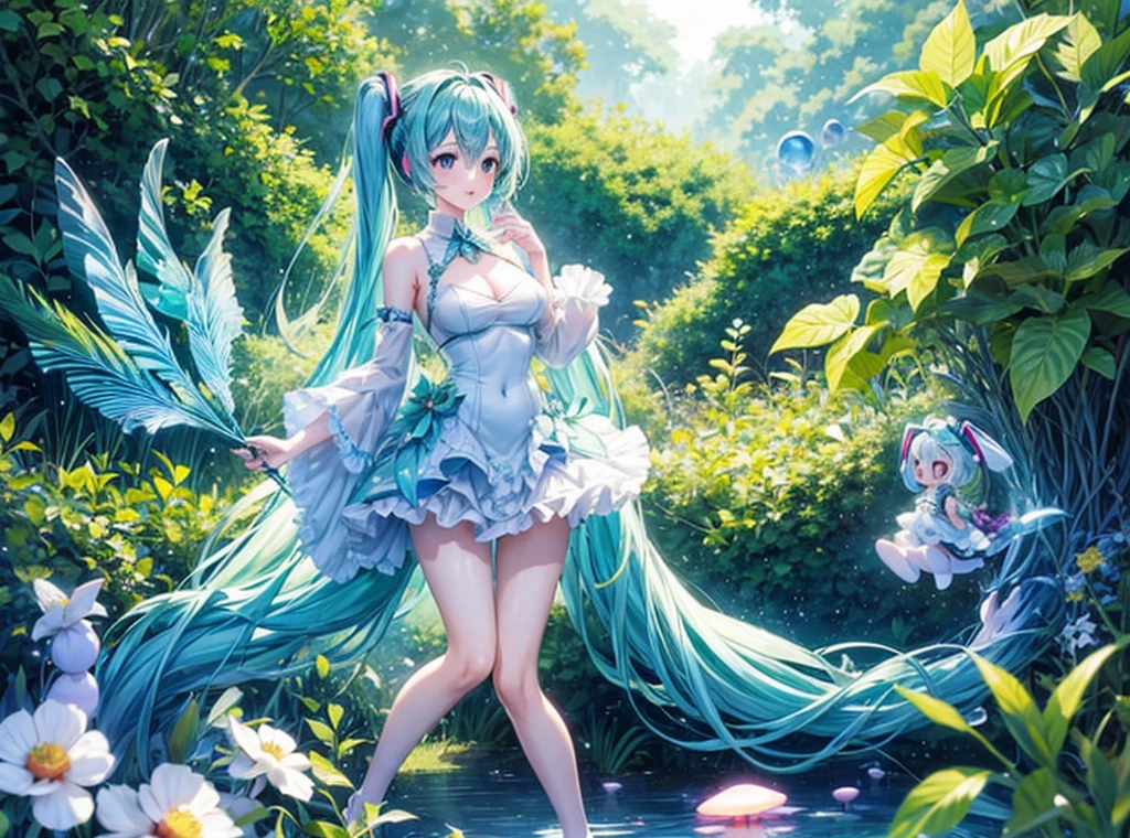 Full body description、Fantastic depiction、Hatsune Miku singing in a shining blue and green forest、The background is dotted with glowing mushrooms and glowing plants.、Soap bubbles are flying around Hatsune Miku、The costumes are designed with forest elements、The ground is accented with leaves and flowers.、The sunlight from the sky shines on her like a spotlight。Wearing a light blue dress、Anatomically correct body、((Large Breasts))、long slender legs、White skin、Hatsune Miku is reaching out to a little fairy flying in front of her、