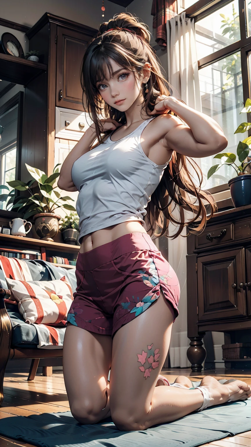 Woman and cat stretching on yoga mat in living room。Woman doing yoga pose、The cat is stretching out and relaxing on the edge of the mat.。There are ornamental plants around。