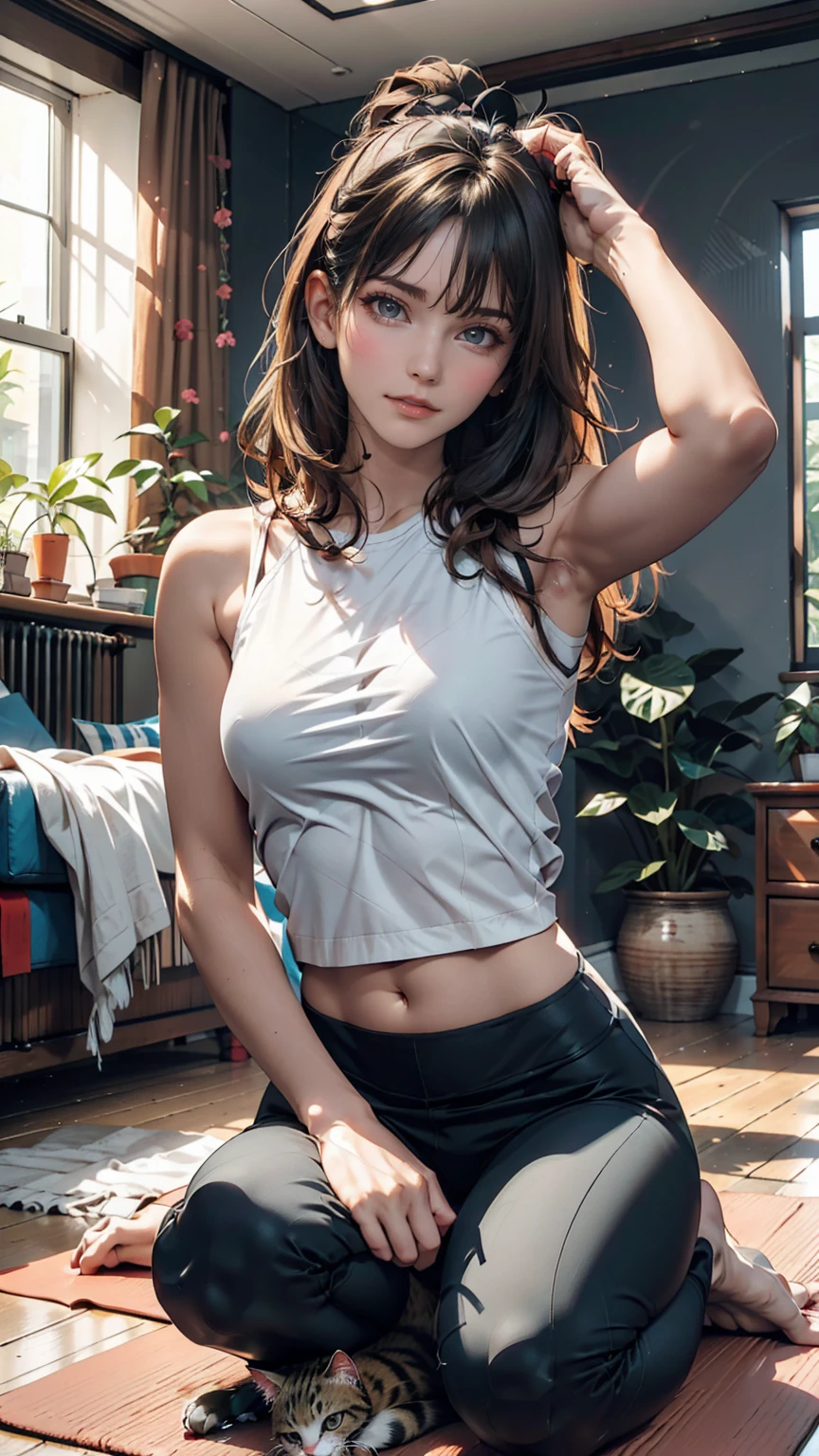 Woman and cat stretching on yoga mat in living room。Woman doing yoga pose、The cat is stretching out and relaxing on the edge of the mat.。There are ornamental plants around。