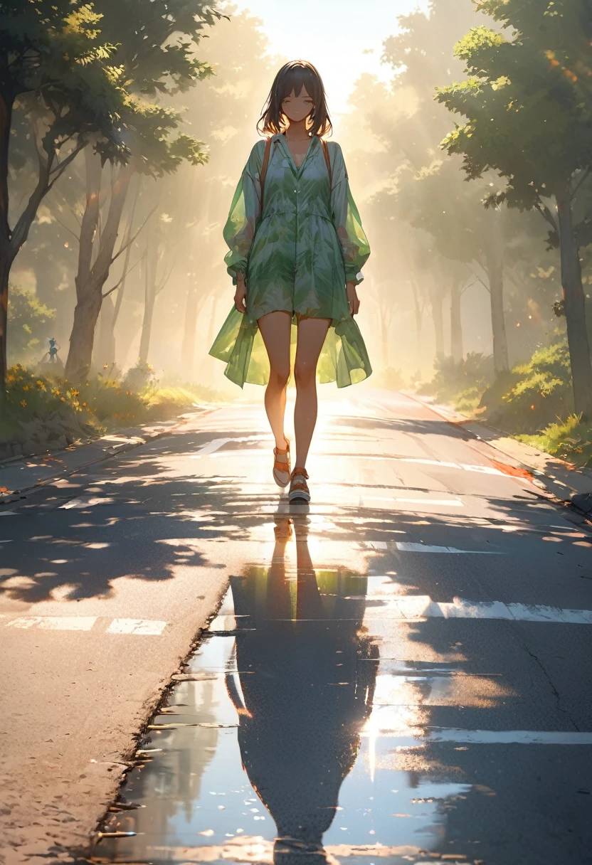 (masterpiece, best quality, super detailed), (heat haze:1.4), mirage, road mirage, The heat causes the air to fluctuate, making the landscape or the figure of a person appear distorted Swayingly. Diffuse reflection of sunlight, asphalt road in summer