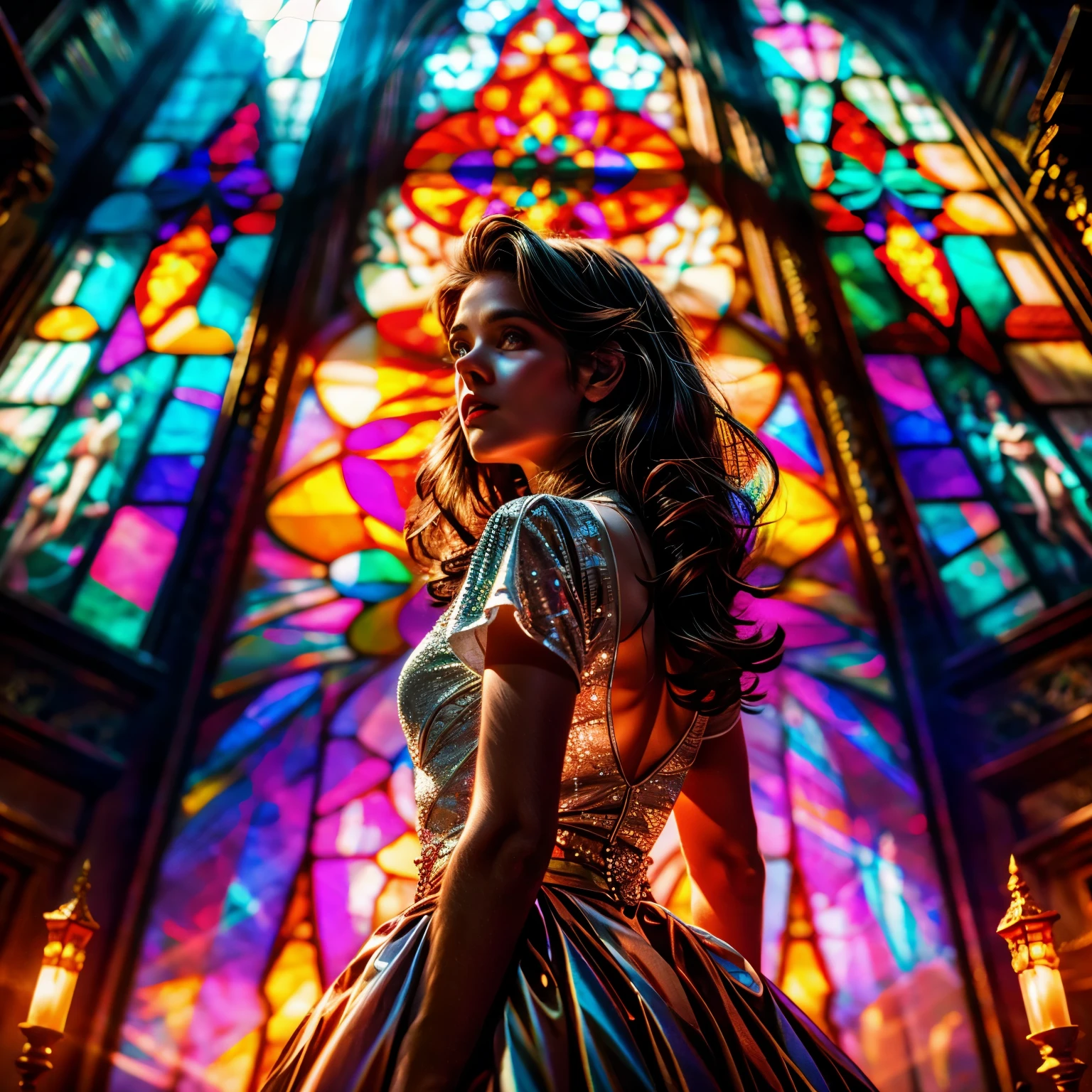 RubyRed (Cathedral from below:1.28) VolumetricLighting (ZoomedOut:1.28) ZoomLayer, TopQuality 8K masterpiece of ((Professional photo)), (((Clarisse de Cagliostro))) (Detailed Delicate White WeddingDresses), Chain, Extremely detailed (KAWAII face) {(VeiledFace)|BlondeHair|(Spanking BuleEyes)}, The background is distant (((Elaborate stained glass))) Rainbow Glass, (MysticSight), GodRays, Radiant PearlSkin with Transparency, (Exposed:0.38)