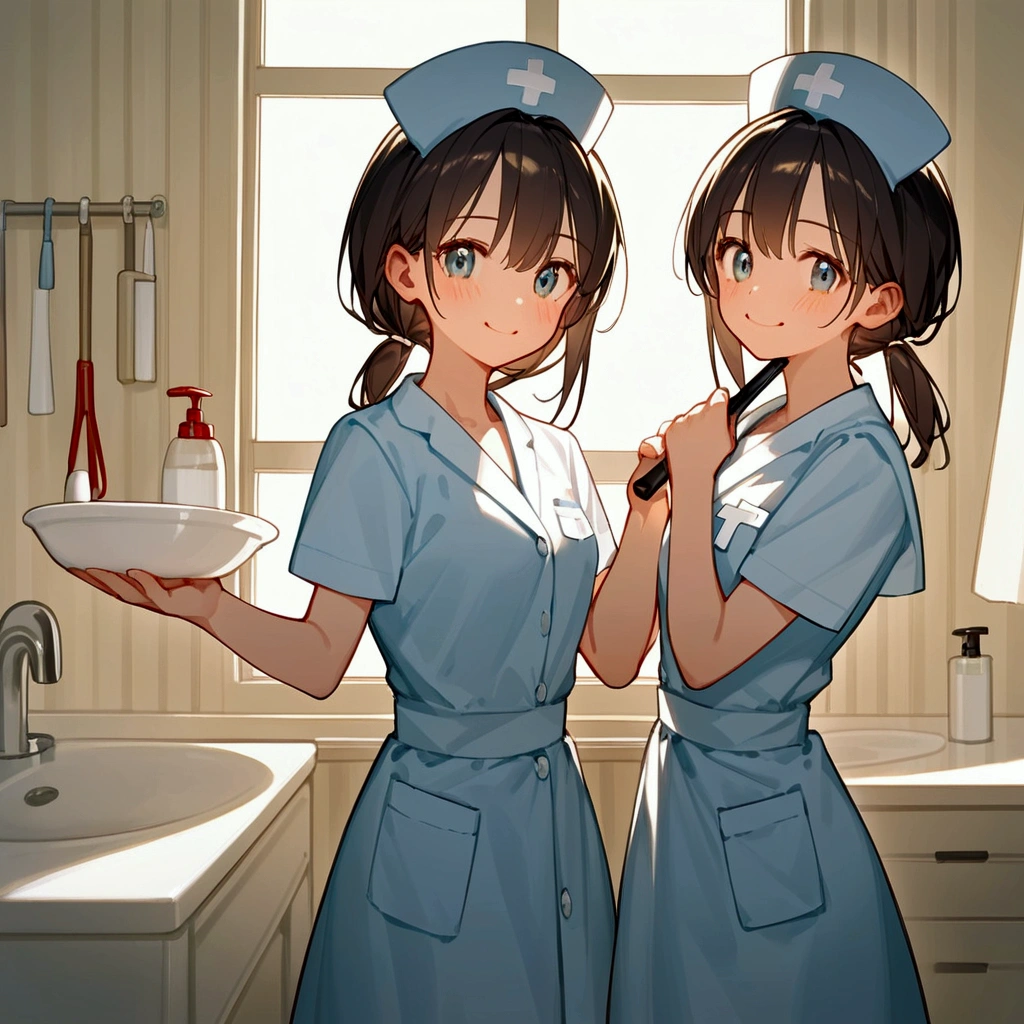 score_9,score_8_up,score_7_up,source_anime,examination room,day,multiple girls,japanese,teenager,nurse,white cross,standing,holding files,low ponytail,short hair,smile,mouth closed,cinematic lighting,looking at viewer, dynamic angle, Masterpiece:1.2,Highest quality,8k,official art,hand,