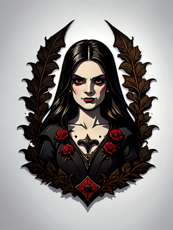 a t-shirt design, a vampire woman in a black dress and red flowers, gothic art, beautiful and scary gothic maiden, dark fantasy style art, vampire, gothic fantasy art, dark fantasy portrait, white background.no shadows. vector, t-shirt design.