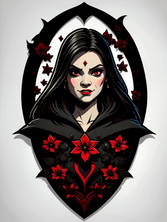 a t-shirt design, a vampire woman in a black dress and red flowers, gothic art, beautiful and scary gothic maiden, dark fantasy style art, vampire, gothic fantasy art, dark fantasy portrait, white background.no shadows. vector, t-shirt design.