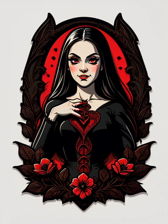 a t-shirt design, a vampire woman in a black dress and red flowers, gothic art, beautiful and scary gothic maiden, dark fantasy style art, vampire, gothic fantasy art, dark fantasy portrait, white background.no shadows. vector, t-shirt design.