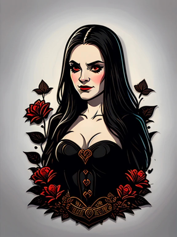 a t-shirt design, a vampire woman in a black dress and red flowers, gothic art, beautiful and scary gothic maiden, dark fantasy style art, vampire, gothic fantasy art, dark fantasy portrait, white background.no shadows. vector, t-shirt design.