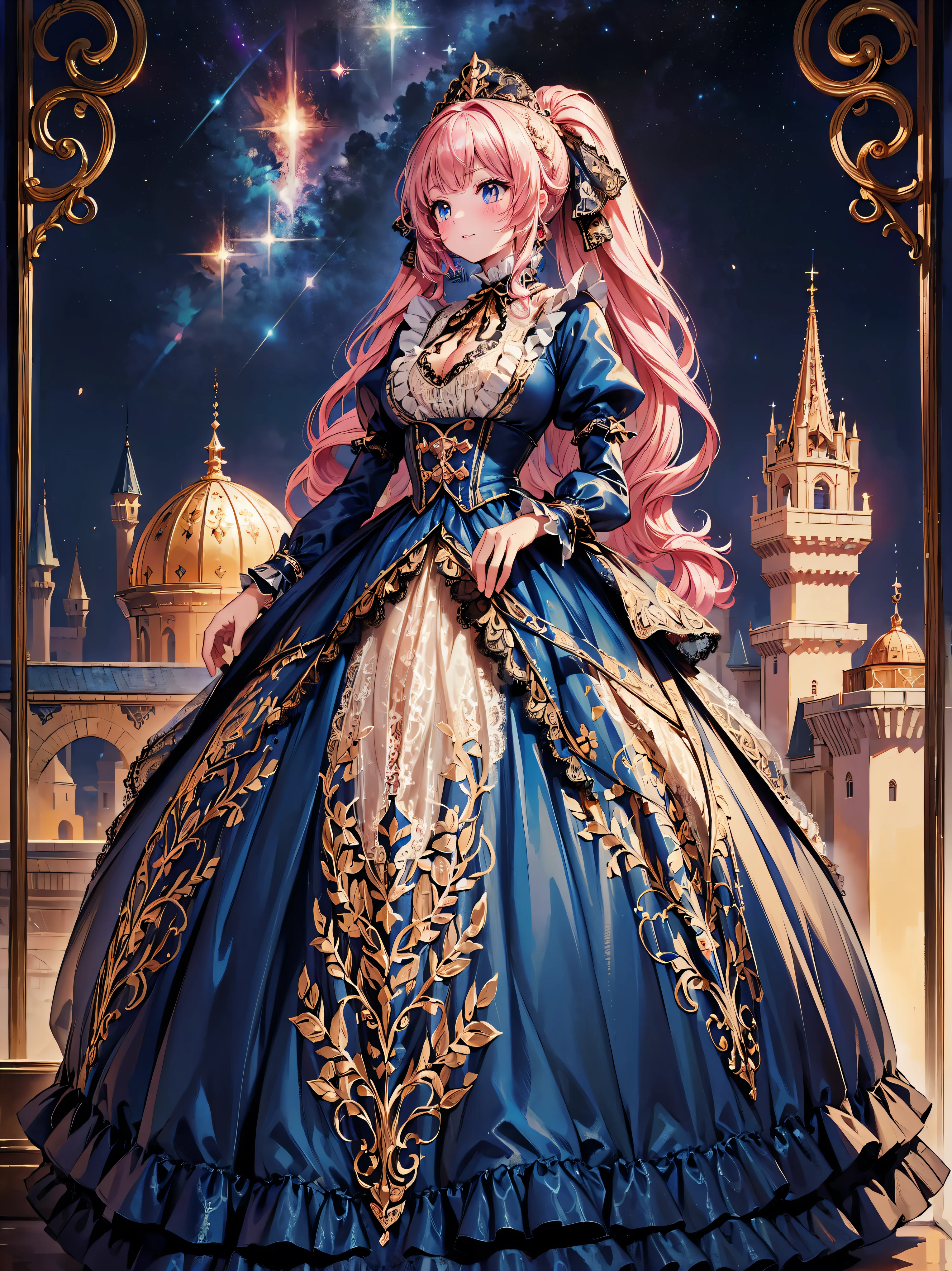 ((Superbly detailed drawing, ultra detailed, exquisite quality, absolutely resolution)), (((young face solo princess))), (((Unsurpassed gorgeous rococo victorian gown with voluminous huge hoopskirt and long hems, princess style skirt:1.5))), ((transparency gown, fluffy and full of pleats skirt:1.3)), (Super detailed and intricate exquisite design gown:1.5), ((overwhelming amount many ruffles with ribbons with intricate lace with Super detailed and intricate embroidery gown:1.9)), ((huge breasts, breasts cleavage)), (ponytail, fluffy long Expressive, hair pink hair), super voluminous long hair, hair ornament tiara, happy smile, (((curtsey:2))), (blurry background, depth of field:1.35), super detailed skin, super delicate and beautiful face, (eyes blue eyes), (backlighting, particle effect, caustics), (((sharp focus))), ((fantasy castle, night sky)), (magnificent panorama view, dynamic angle:1.3),