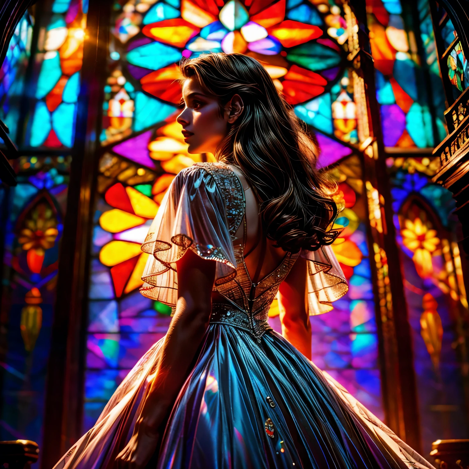 RubyRed (Cathedral from below:1.28) VolumetricLighting (ZoomedOut:1.28) ZoomLayer, TopQuality 8K masterpiece of ((Professional photo)), (((Clarisse de Cagliostro))) (Detailed Delicate White WeddingDresses), Chain, Extremely detailed (KAWAII face) {(VeiledFace)|BlondeHair|(Spanking BuleEyes)}, The background is distant (((Elaborate stained glass))) Rainbow Glass, (MysticSight), GodRays, Radiant PearlSkin with Transparency, (Exposed:0.38)