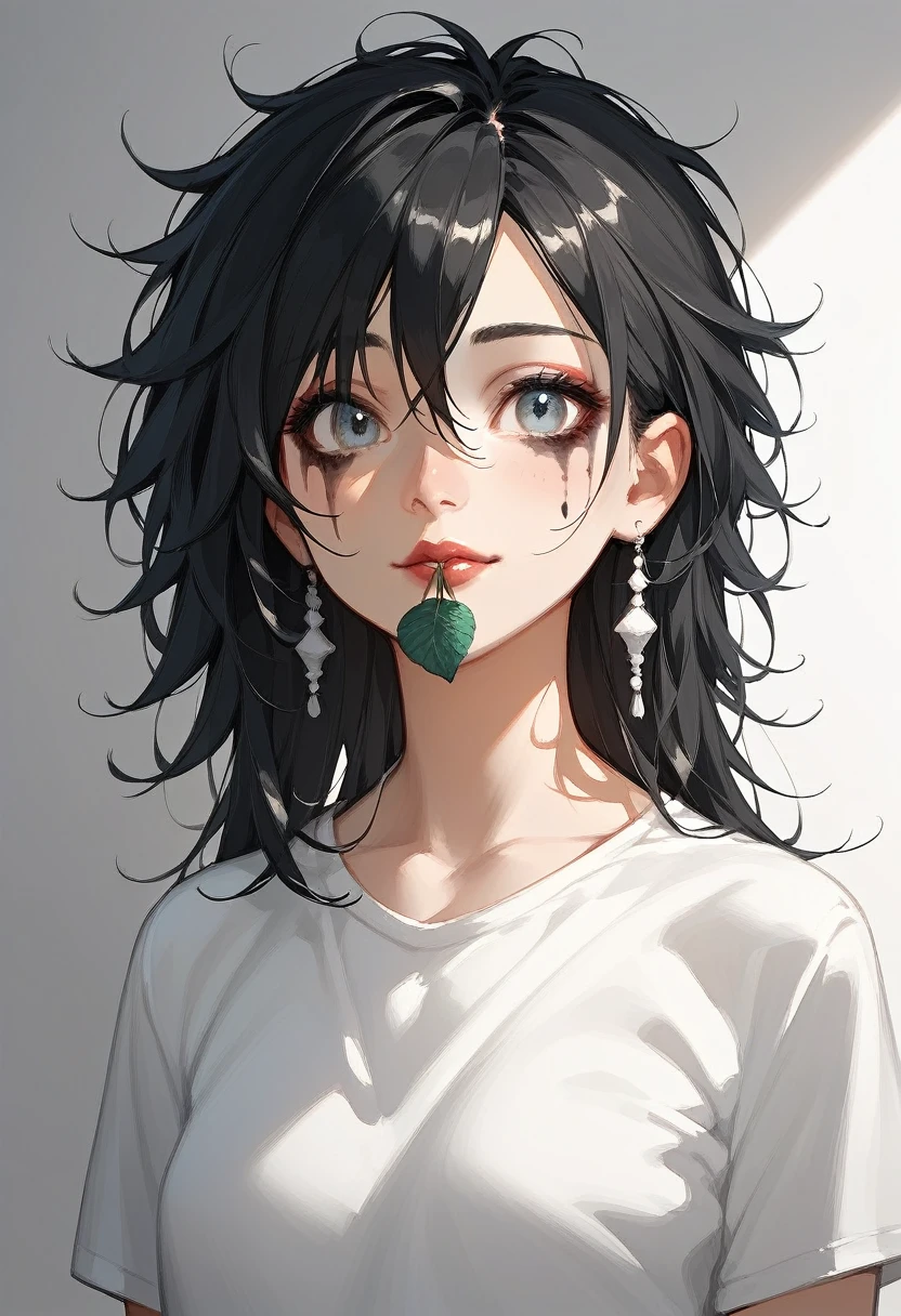 masterpiece, best quality, beauty, shadows, highest quality、High resolution、(cute illustration:1.2), Illustration of girl with long black hair and a white shirt,((black and white portrait)),black and white picture,Smile,minimalist painting,Simple strokes,messy hair,Shy,Pure white shirt,Heavy makeup,Headshot,Put lipstick on one's mouth,Side Body