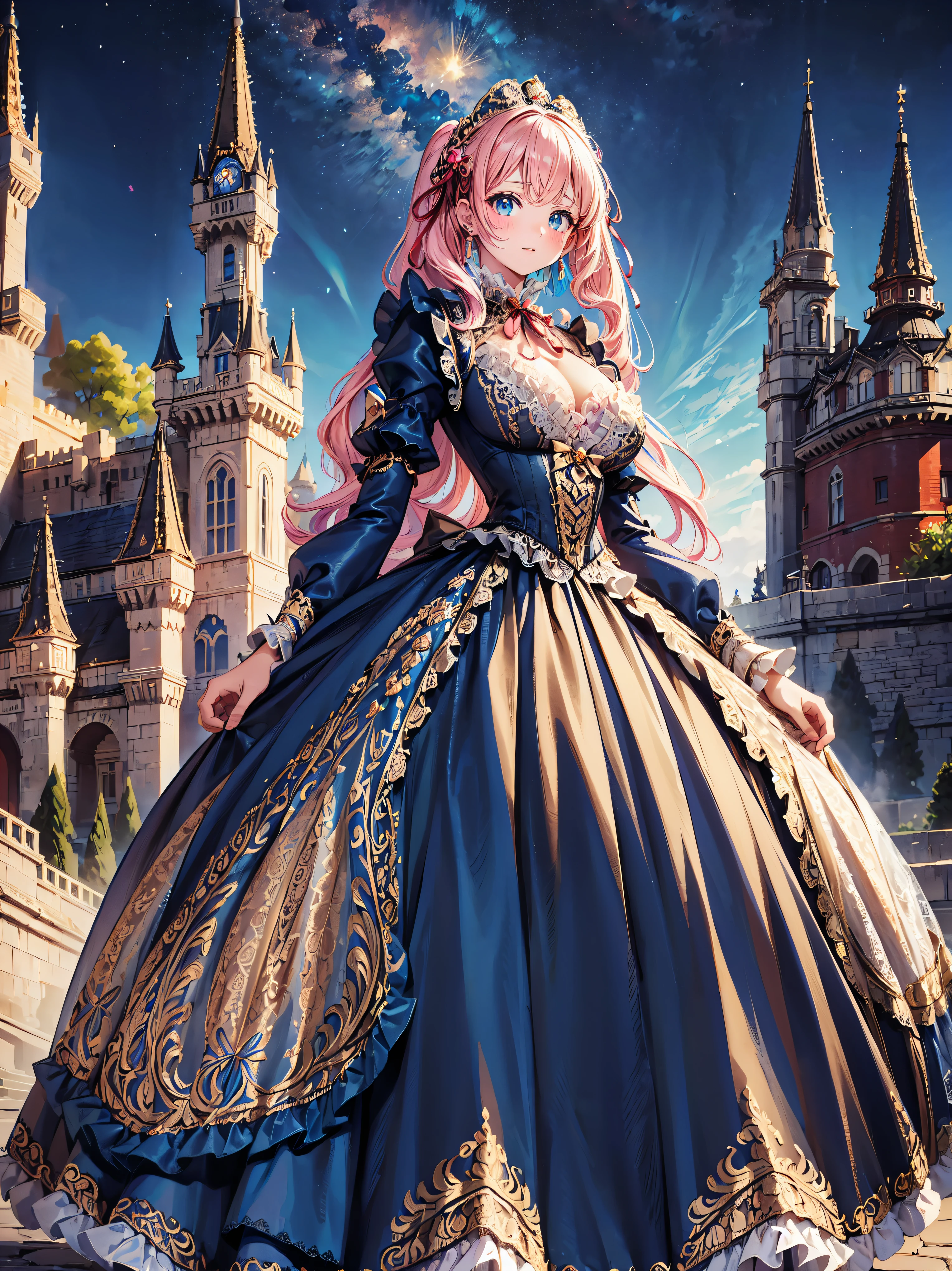 ((Superbly detailed drawing, ultra detailed, exquisite quality, absolutely resolution)), (((young face solo princess))), (((Unsurpassed gorgeous rococo victorian gown with voluminous huge hoopskirt and long hems, princess style skirt:1.5))), ((transparency gown, fluffy and full of pleats skirt:1.3)), (Super detailed and intricate exquisite design gown:1.5), ((overwhelming amount many ruffles with ribbons with intricate lace with Super detailed and intricate embroidery gown:1.9)), ((huge breasts, breasts cleavage)), (ponytail, fluffy long Expressive, hair pink hair), super voluminous long hair, hair ornament tiara, happy smile, (((curtsey:2))), (blurry background, depth of field:1.35), super detailed skin, super delicate and beautiful face, (eyes blue eyes), (backlighting, particle effect, caustics), (((sharp focus))), ((fantasy castle, night sky)), (magnificent panorama view, dynamic angle:1.3),