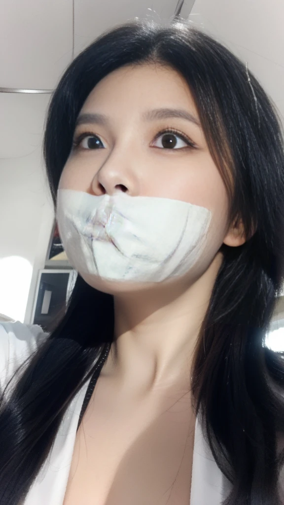 1 malay girl in white color hijab and naked, dynamic angle, soft laughter, unique appearance ((view from below looking up)), (look down at the camera and smile). Afternoon, gagged, tape gag