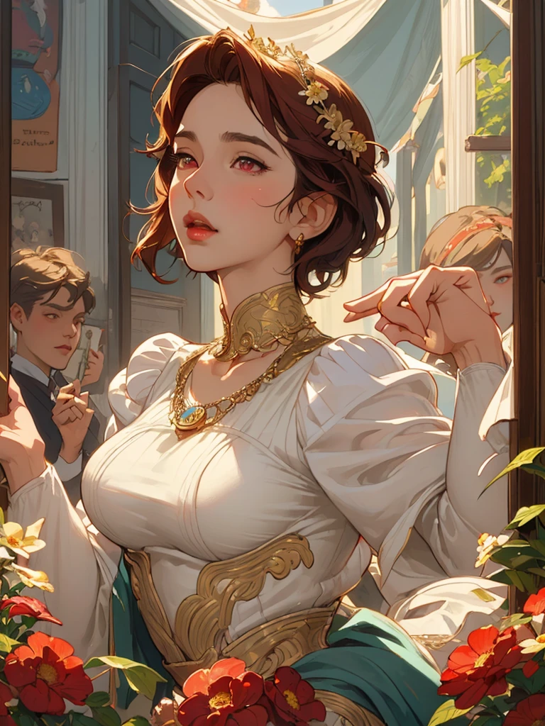 ((work of art)), (highest quallity), (cinematic), Watercolor painting in the style of Joseph Christian Leyendecker, posters, Goddess of dancing , breasts big, eyes large, long and thick eyelashes, neckleace, full lip, cute cheeks, dark red eyes, shorth hair, Accessories, flowers_fund, Features intricate designs and patterns in the style of Joseph Christian Leyendecker。