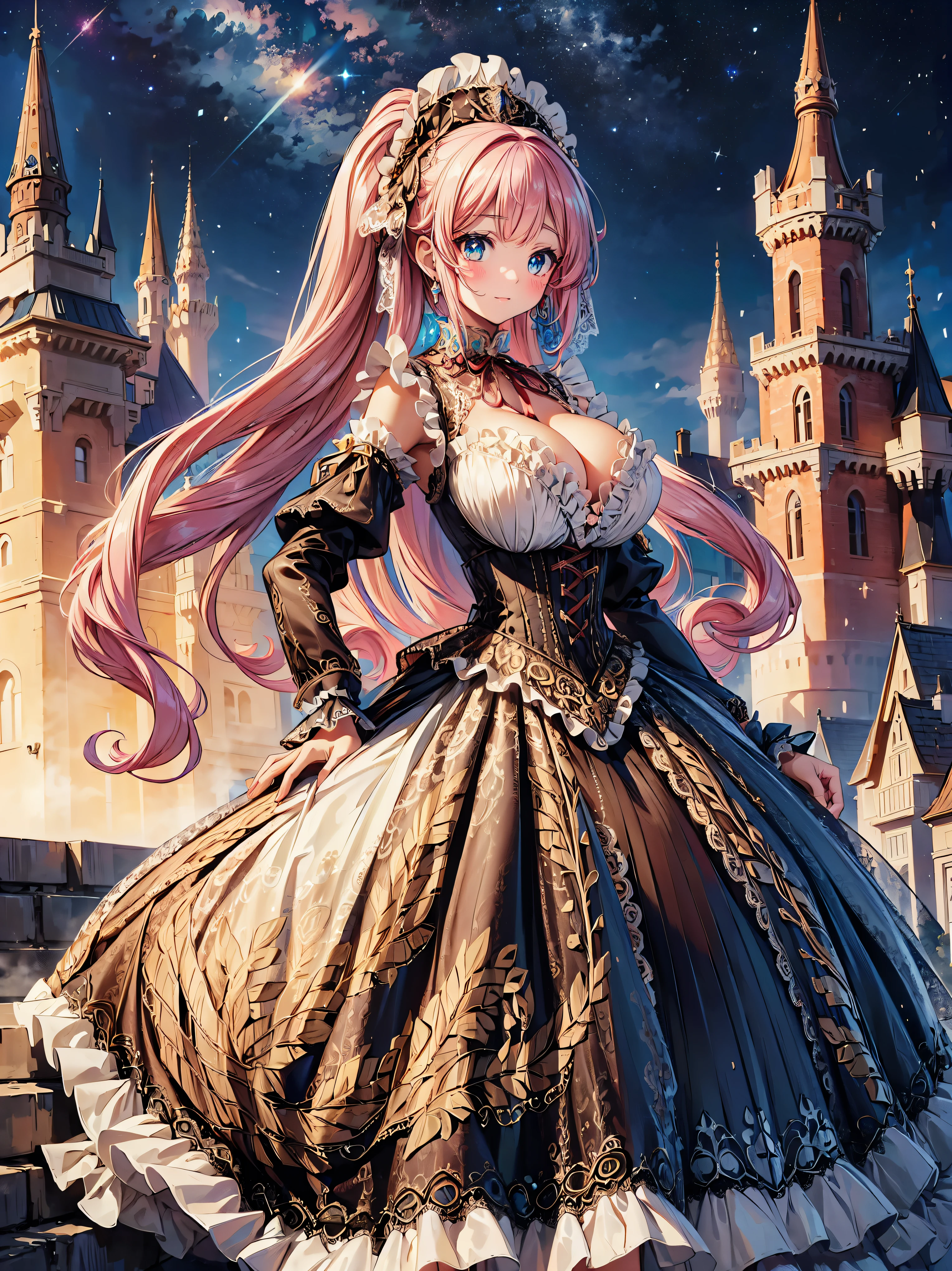 ((Superbly detailed drawing, ultra detailed, exquisite quality, absolutely resolution)), (((young face solo princess))), (((Unsurpassed gorgeous rococo victorian gown with voluminous huge hoopskirt and long hems, princess style skirt:1.5))), ((transparency gown, fluffy and full of pleats skirt:1.3)), (Super detailed and intricate exquisite design gown:1.5), ((overwhelming amount many ruffles with ribbons with intricate lace with Super detailed and intricate embroidery gown:1.9)), ((huge breasts, breasts cleavage)), (ponytail, fluffy long Expressive, hair pink hair), super voluminous long hair, hair ornament tiara, happy smile, (((curtsey:2))), (blurry background, depth of field:1.35), super detailed skin, super delicate and beautiful face, (eyes blue eyes), (backlighting, particle effect, caustics), (((sharp focus))), ((fantasy castle, night sky)), (magnificent panorama view, dynamic angle:1.3),