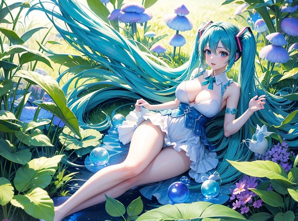 Full body description、Fantastic depiction、Hatsune Miku singing in a shining blue and green forest、The background is dotted with glowing mushrooms and glowing plants.、Soap bubbles are flying around Hatsune Miku、The costumes are designed with forest elements、The ground is accented with leaves and flowers.、The sunlight from the sky shines on her like a spotlight。Wearing a light blue dress、Anatomically correct body、((Large Breasts))、long slender legs、White skin、Hatsune Miku is reaching out to a little fairy flying in front of her、